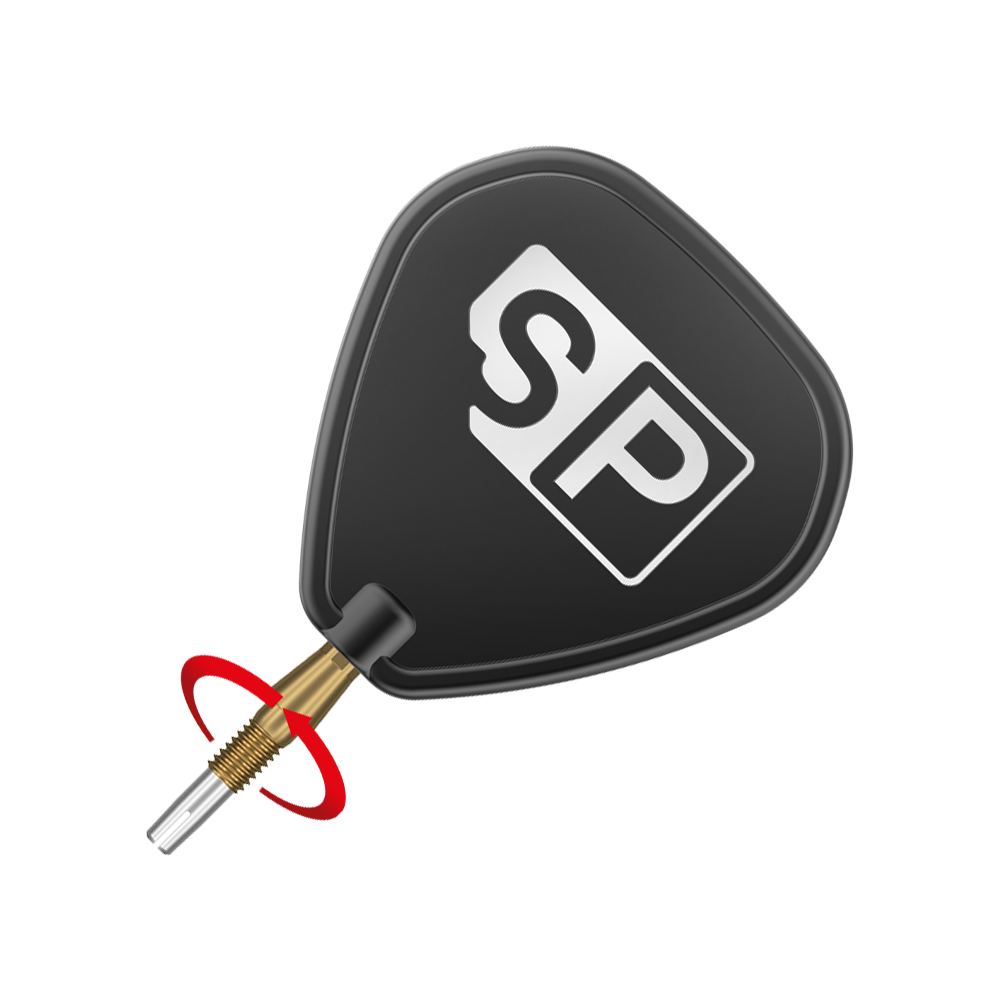 Target Swiss Storm Diamond Point Dart Tips - Gold Das Bild zeigt eine schwarze Dartflügel mit der Aufschrift "SP" in weiß. Daran ist eine goldene Dartspitze befestigt.