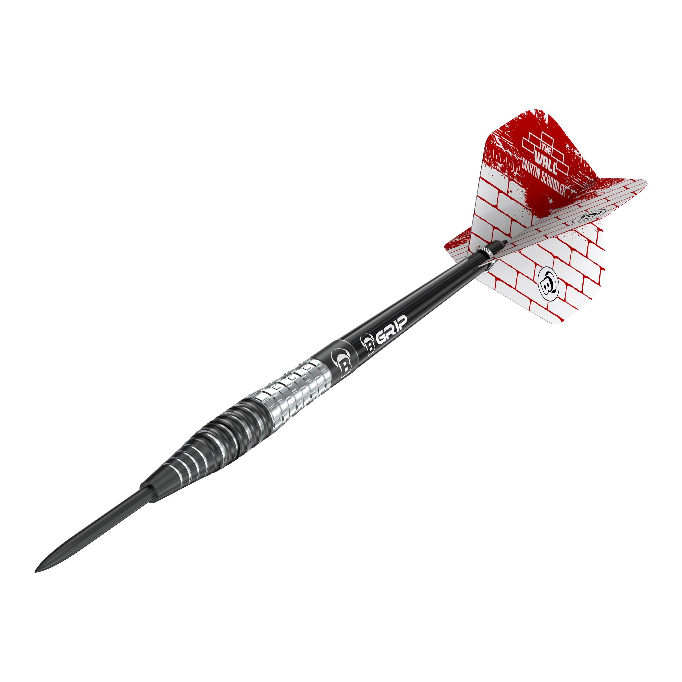 Bulls Martin Schindler Original Generation 3 steel darts Das Bild zeigt einen Steeldartpfeil der Marke "Bulls Martin Schindler Original Generation 3". Der Dartpfeil hat eine schwarz-silberne Spitze und Flight mit rotem Mauer-Design.