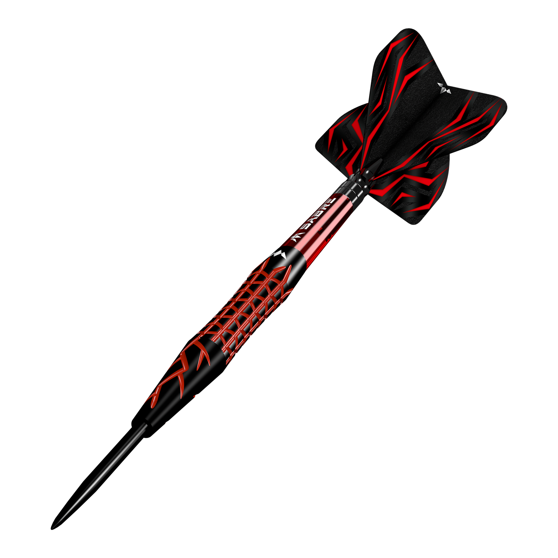 Mission Lava Steeldarts Das Bild zeigt einen Mission Lava Steeldart mit schwarzem und rotem Design. Der Dartpfeil hat eine spitze Metallspitze und auffällige Flügel mit roten Mustern.