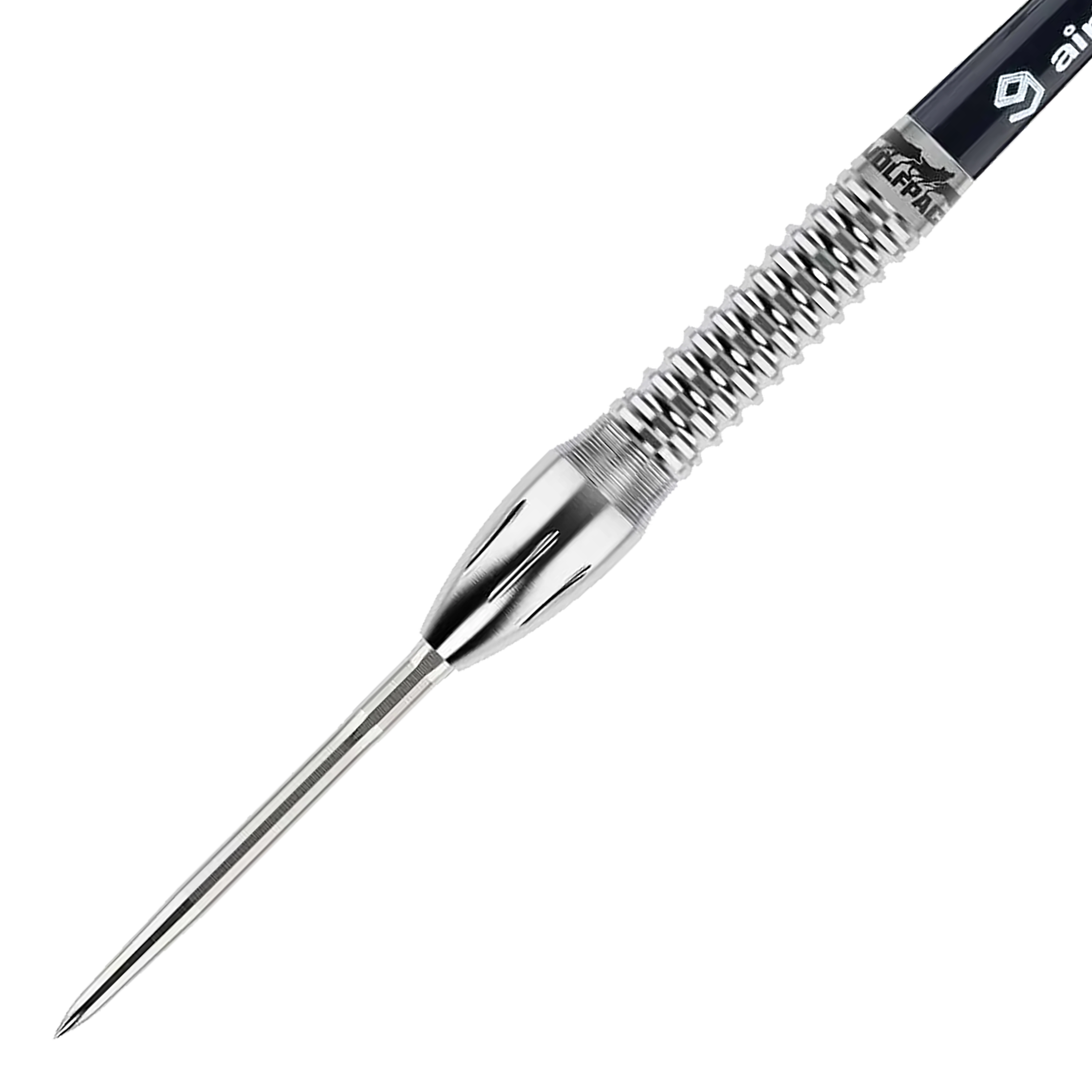 Caliburn Wolfpack W4 steel darts - 20g Das Bild zeigt einen Caliburn Wolfpack W4 Steeldart mit einem Gewicht von 20g. Der Dartpfeil besteht aus silberfarbenem Metall und hat eine strukturierte Griffzone.