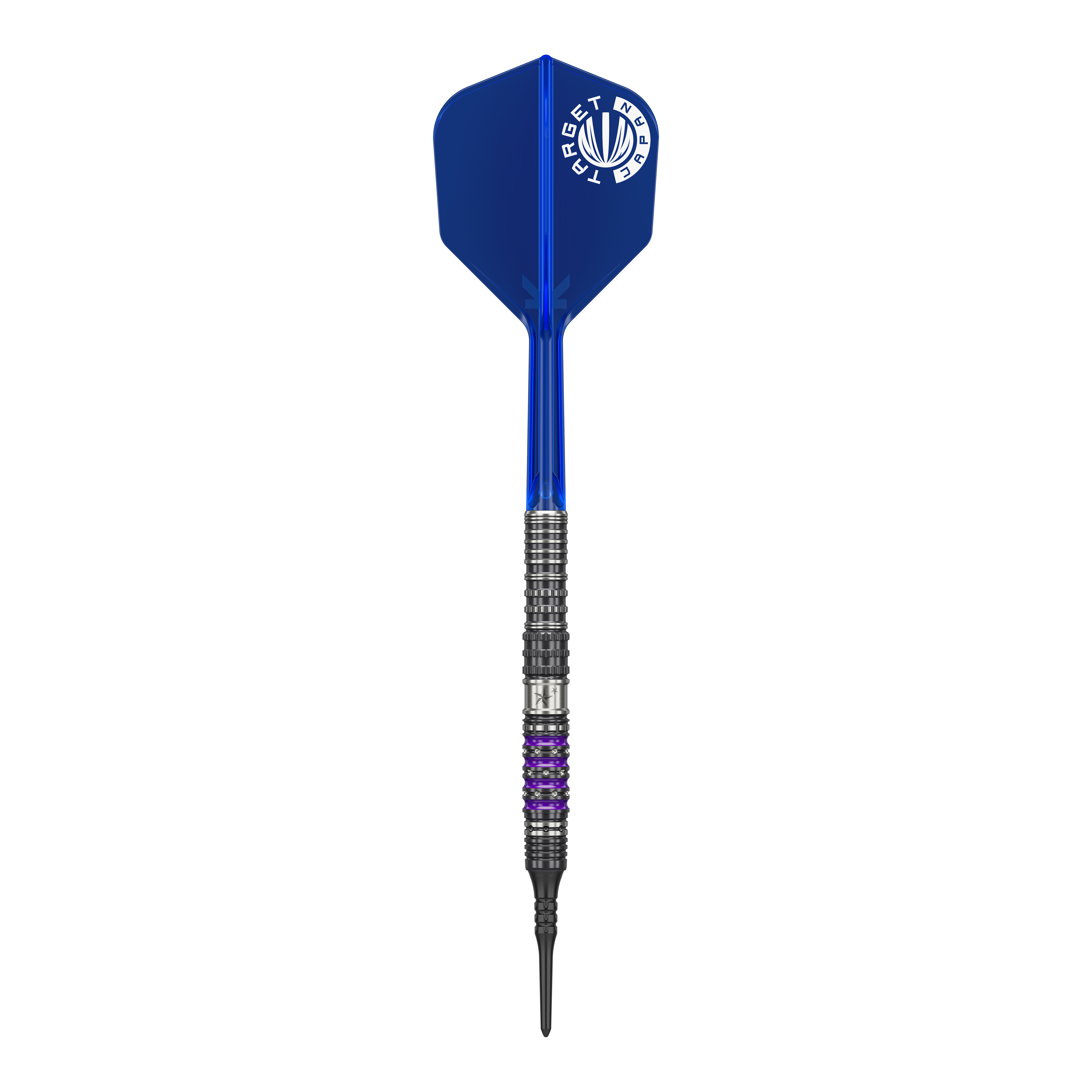 Auf dem Bild ist ein Softdart aus der Serie "Target Japan Prime Series Sirius GEN4" mit einem Gewicht von 21,5g zu sehen. Der Dart hat eine blaue Flight und einen schwarz-silbernen Schaft mit lila Akzenten.