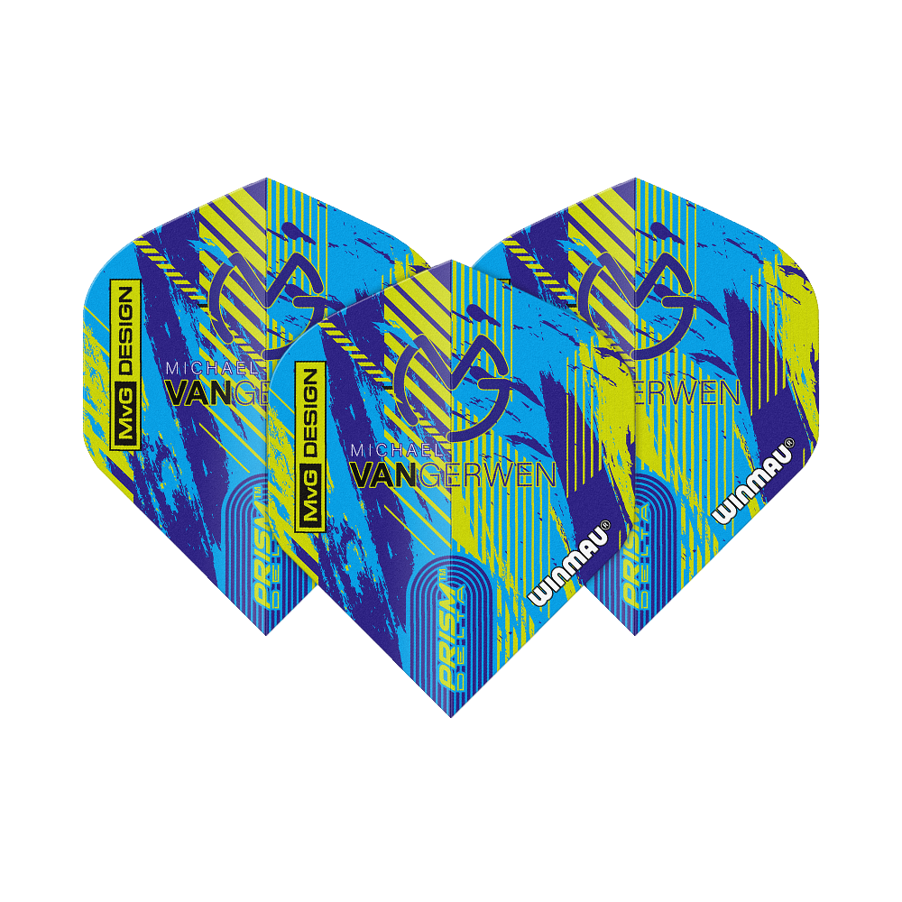 Winmau Delta Michael Van Gerwen Prism 04 Standard Flights Das Bild zeigt die Winmau Delta Michael Van Gerwen Prism 04 Standard Flights. Sie haben ein farbenfrohes Design in Blau, Gelb und Schwarz mit dem Namen und Logo von Michael Van Gerwen.