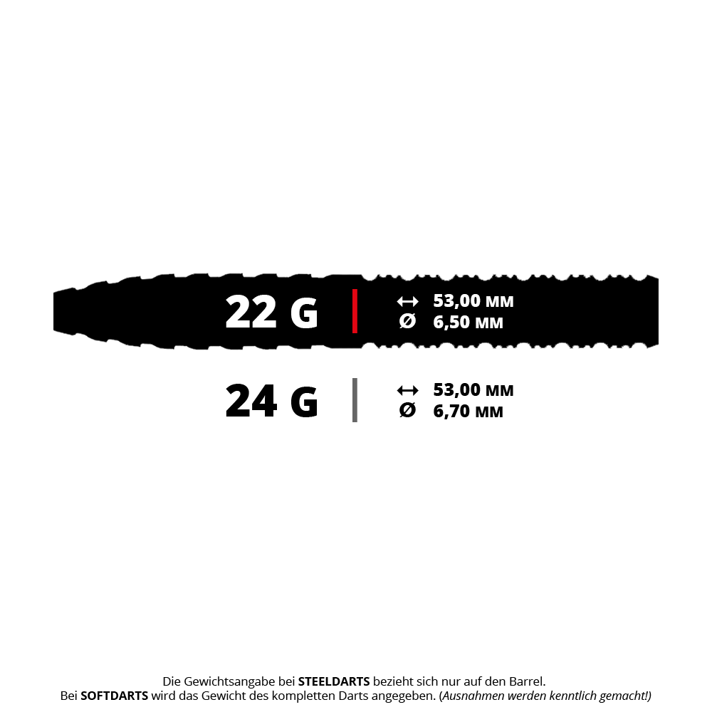 Das Bild zeigt die Steeldarts CB1902 Caliburn Awakening ET mit einem Gewicht von 22g. Zu sehen sind vermutlich die Darts oder Details des Produkts.