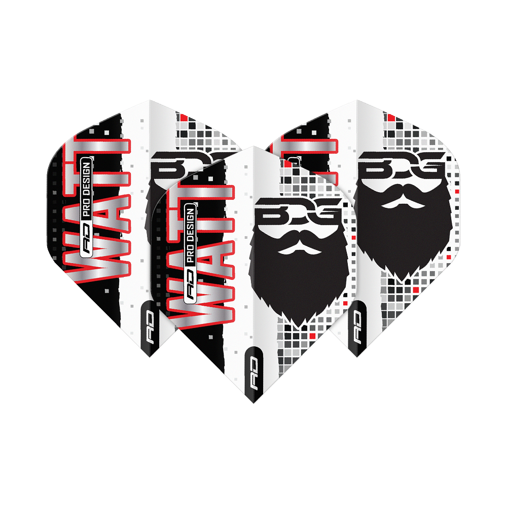 Red Dragon Hardcore Jason Watt BDG Premium No2 Standard Flights Das Bild zeigt vier Dartflights mit dem Aufdruck "WATT" und einem stilisierten Bartgesicht. Die Flights sind in Schwarz, Weiß und Rot gestaltet und tragen das Logo „BDG Pro Design“.