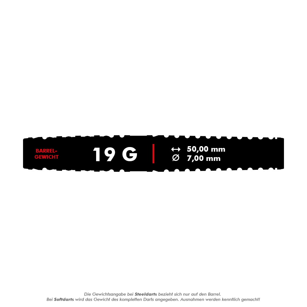 Target Japan Paul Lim The Legend GEN8 Soft Darts - 19g Das Bild zeigt die Spezifikationen eines Darts mit einem Gewicht von 19 Gramm. Die Länge beträgt 50,00 mm und der Durchmesser 7,00 mm.