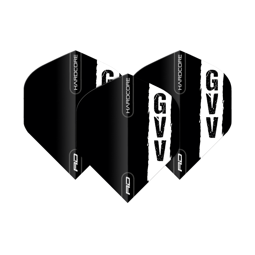 Red Dragon Hardcore Gian Van Veen Black Logo Standard Flights Das Bild zeigt drei schwarze Dartflights mit dem weißen Aufdruck "GVV" und dem Schriftzug "HARDCORE". Es handelt sich um das Produkt "Red Dragon Hardcore Gian Van Veen Black Logo Standard Flights".