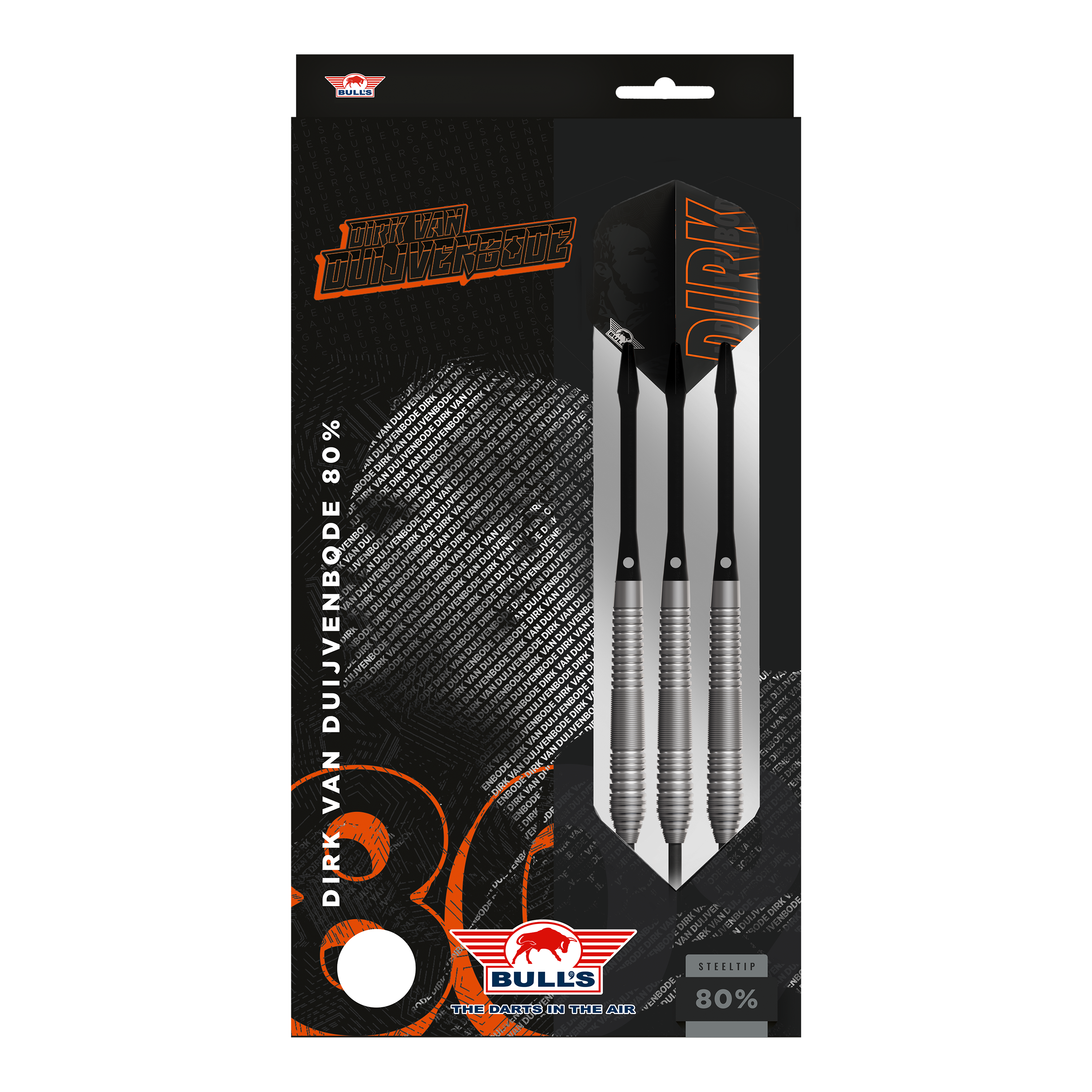 Bulls NL Dirk Van Duijvenbode 80 steel darts Auf dem Bild ist eine Verpackung der "Bulls NL Dirk Van Duijvenbode 80 Steeldarts" zu sehen. Die Packung zeigt drei silberne Steeldarts und enthält den Namen des Spielers sowie das Bulls-Logo.