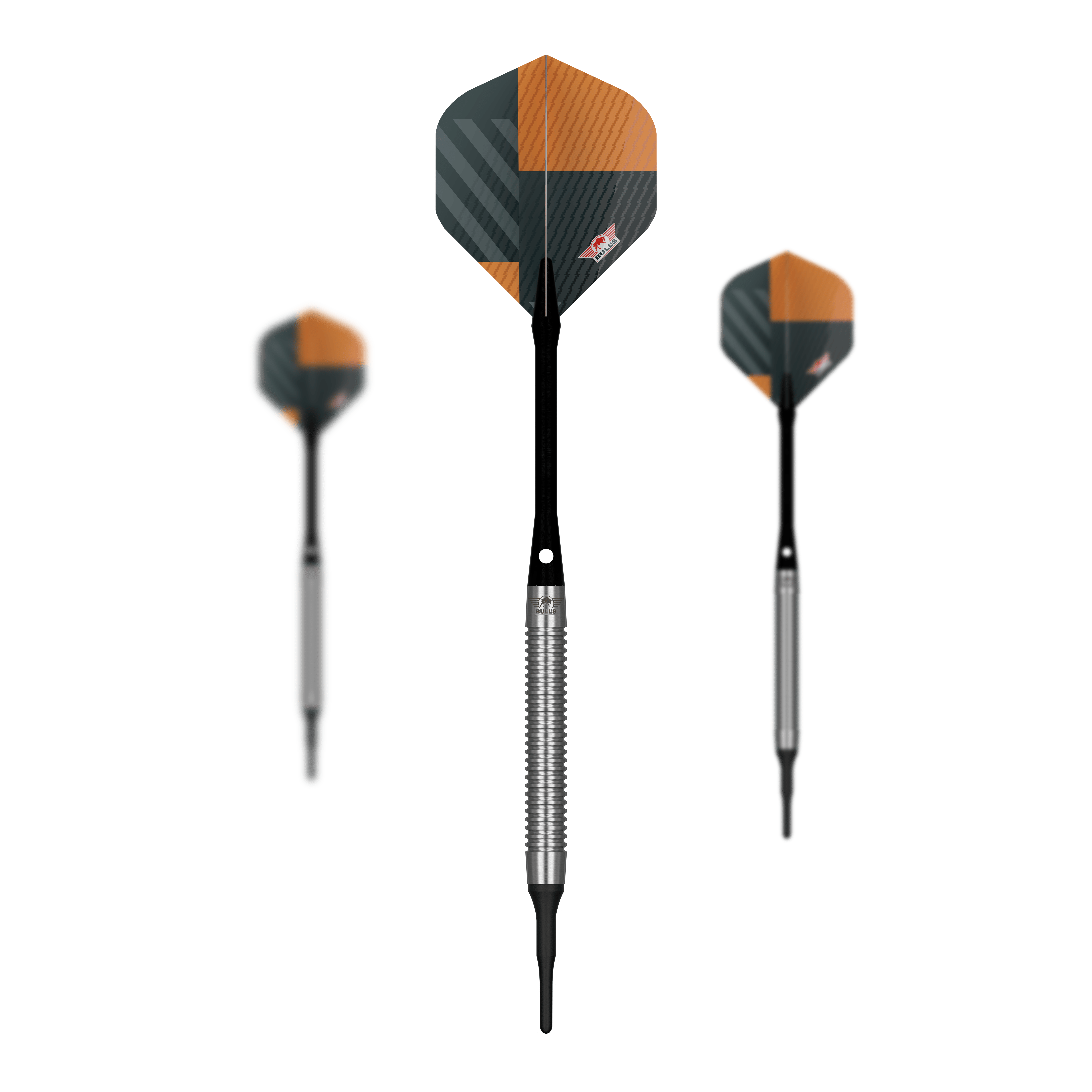 Zu sehen ist ein Set Bulls NL Volt Orange Softdarts - 18g. Mehrere Pfeile werden gemeinsam präsentiert.