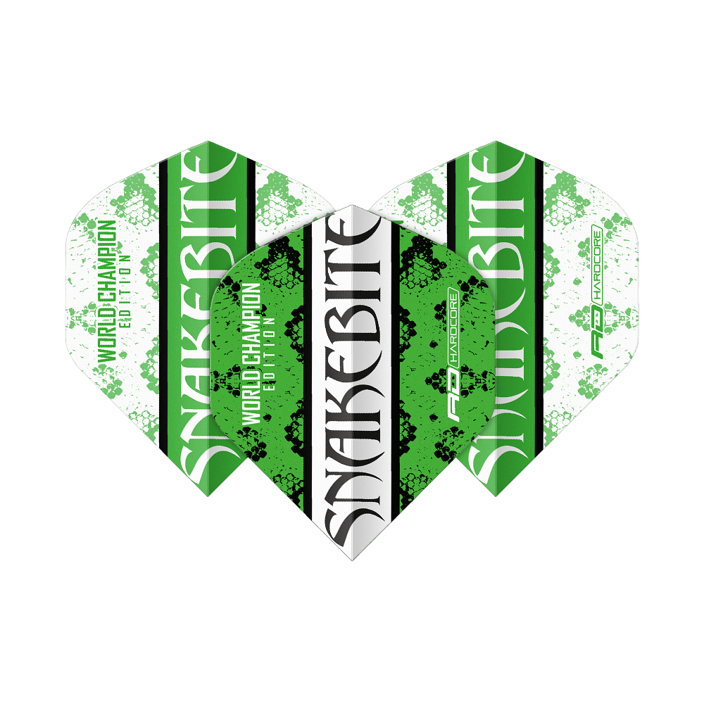 Red Dragon Peter Wright Snakebite Green White Yin Yang Standard Flights Das Bild zeigt drei Dart-Flights in den Farben Grün, Weiß und Schwarz mit der Aufschrift "Snakebite". Auf den Flights steht außerdem "World Champion Edition" und das Red Dragon Logo.