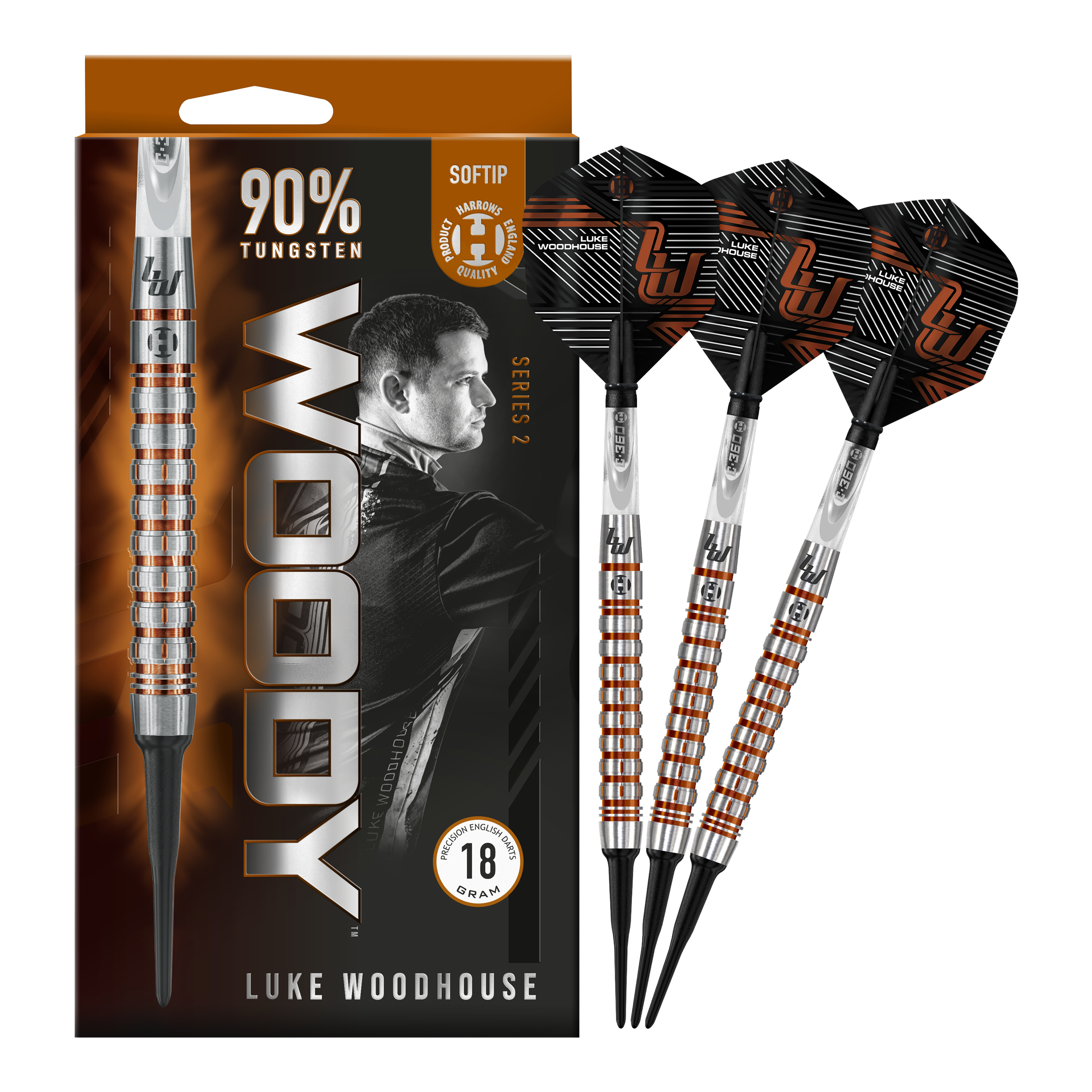 Harrow's Luke Woodhouse Series 2 Soft Darts - 18g Das Bild zeigt die Harrows Luke Woodhouse Series 2 Softdarts mit einem Gewicht von 18 Gramm. Die Verpackung hebt hervor, dass die Darts zu 90 % aus Tungsten bestehen und für Softtip-Spiele geeignet sind.