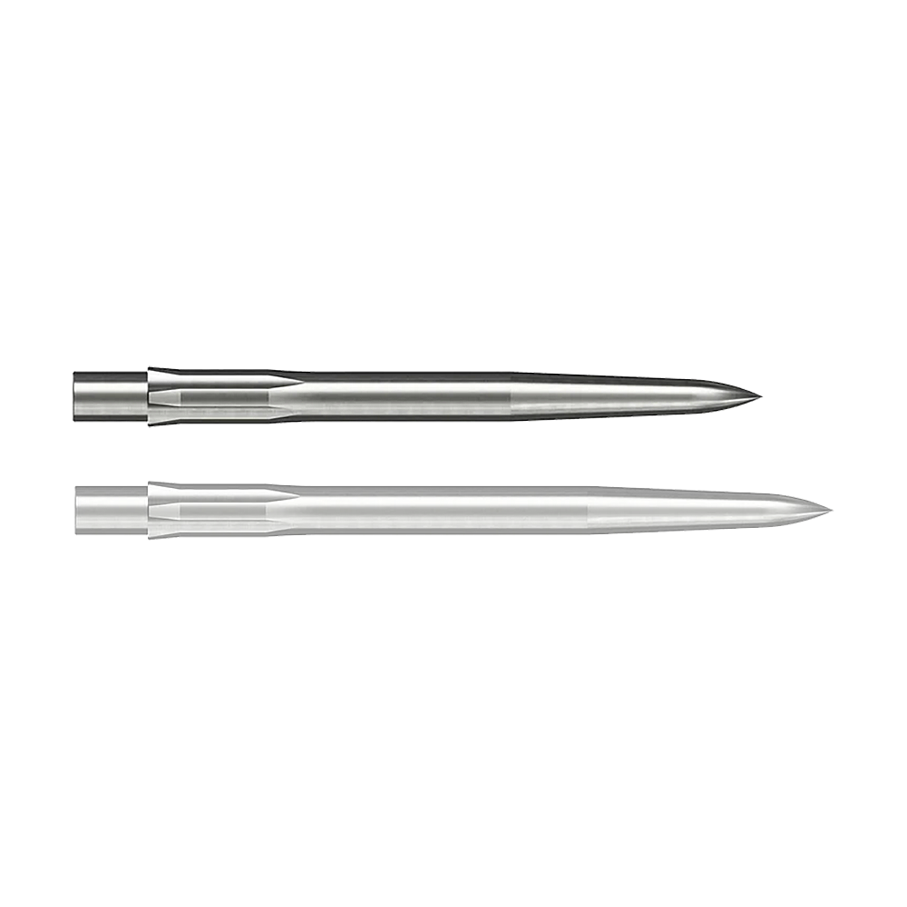 Caliburn System Steel Dart Tips - Smooth - Silver Auf dem Bild sind zwei silberne, glatte Stahlspitzen für Darts zu sehen. Sie sind länglich geformt und haben eine spitze Vorderseite.
