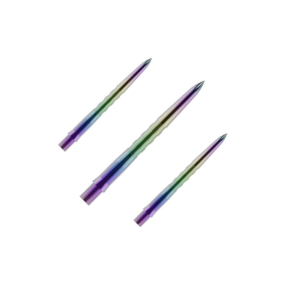 Mission Caliburn EVO dart tips - Grooved - Coral Auf dem Bild sind drei bunte, gerillte Dartspitzen zu sehen. Sie haben eine glänzende Oberfläche mit violetten, grünen und blauen Farbverläufen.