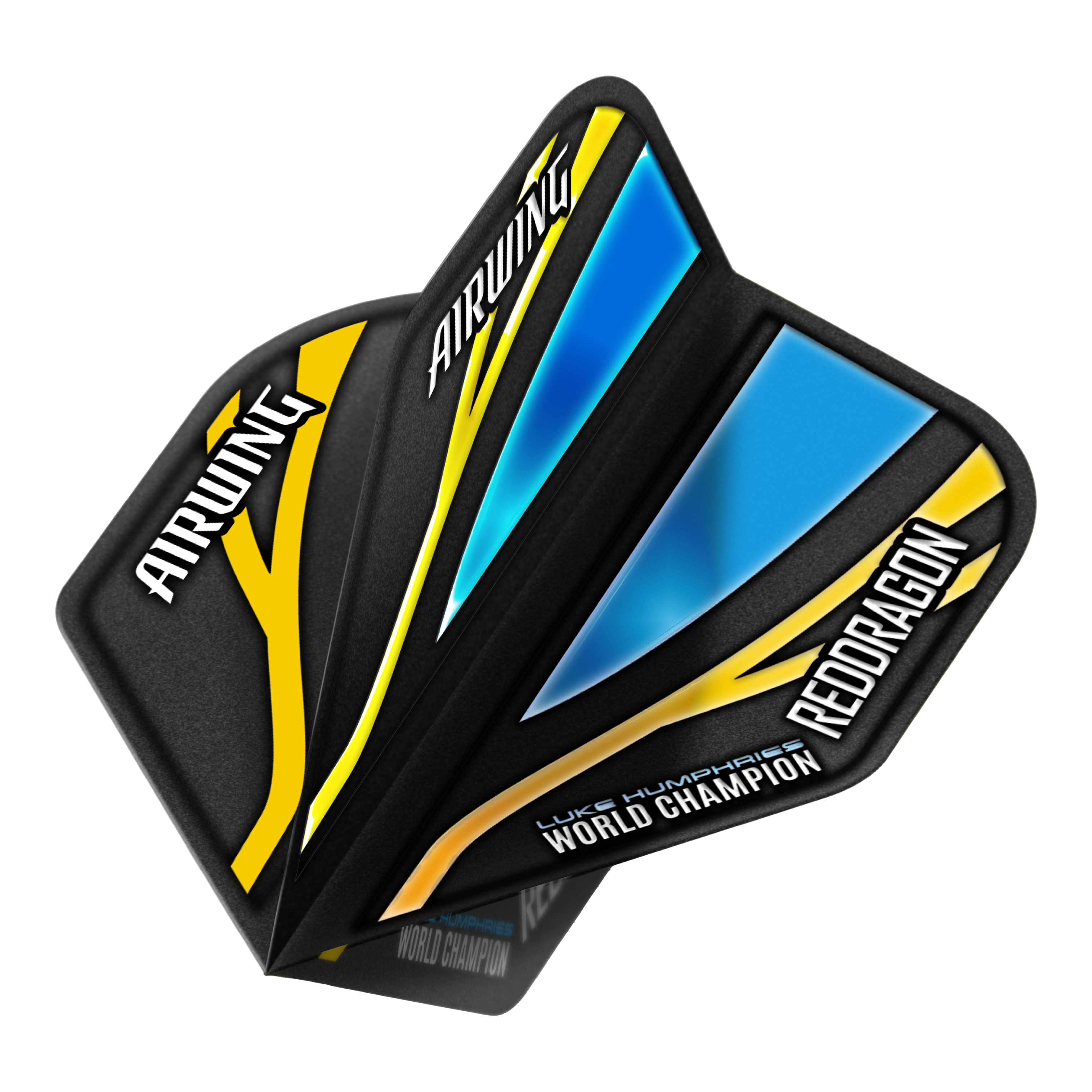 Red Dragon Airwing Luke Humphries World Champion Black Blue Standard Flights Das Bild zeigt die Red Dragon Airwing Luke Humphries World Champion Black Blue Standard Flights. Die Flights sind schwarz mit blauen und gelben Akzenten und tragen die Aufschriften "AIRWING", "RED DRAGON" und "WORLD CHAMPION".