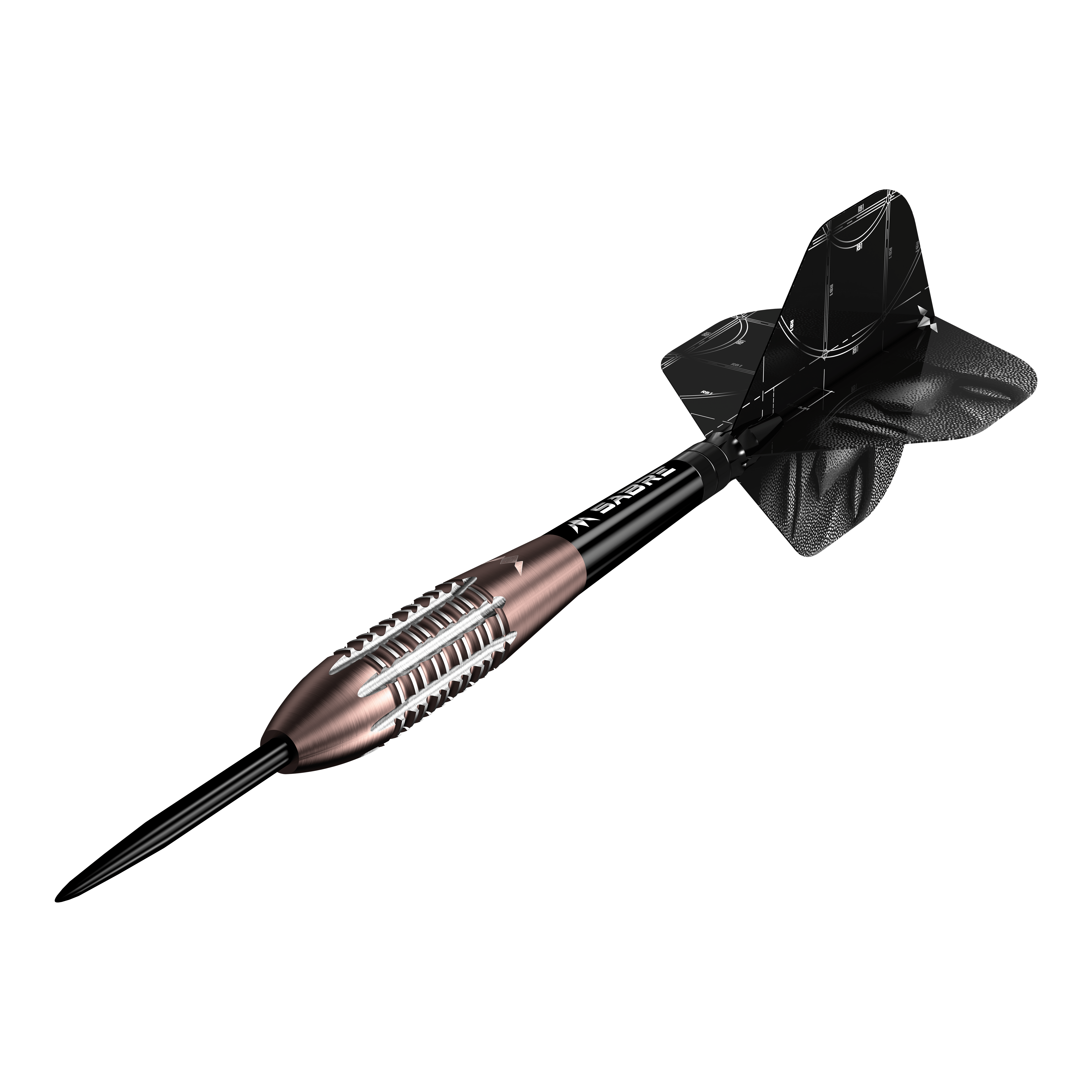 Das Foto präsentiert die Mission Arkitekt Bronze Silika PVD Steeldarts, Gewicht 23,5g. Das Produktdesign hebt die bronzefarbene Beschichtung hervor.