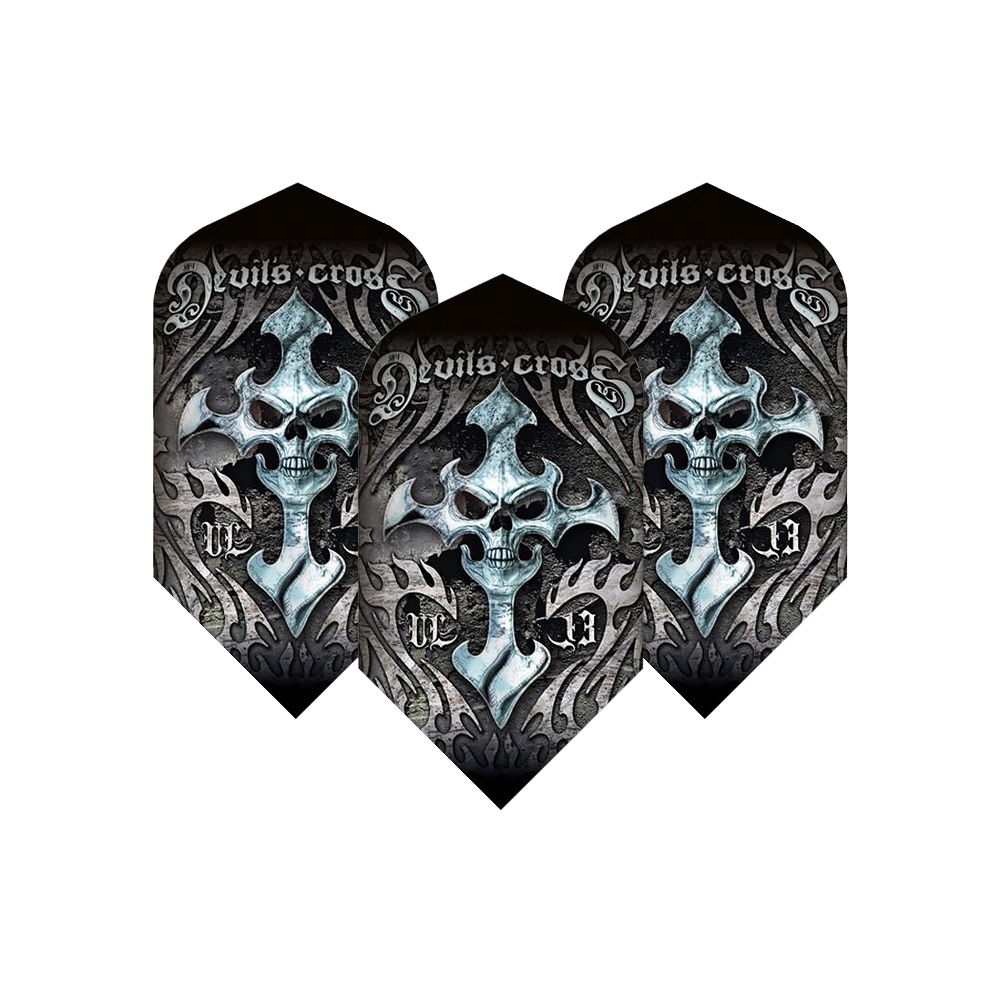 ALC9_Alchemy_Devils_Cross_Slim_Flights_1dirDsV07NRyda Das Bild zeigt drei Dart-Flights mit dem Namen "Alchemy Devils Cross Slim Flights". Das Design zeigt einen Totenkopf mit einem Kreuz und dunklen, ornamentalen Mustern.