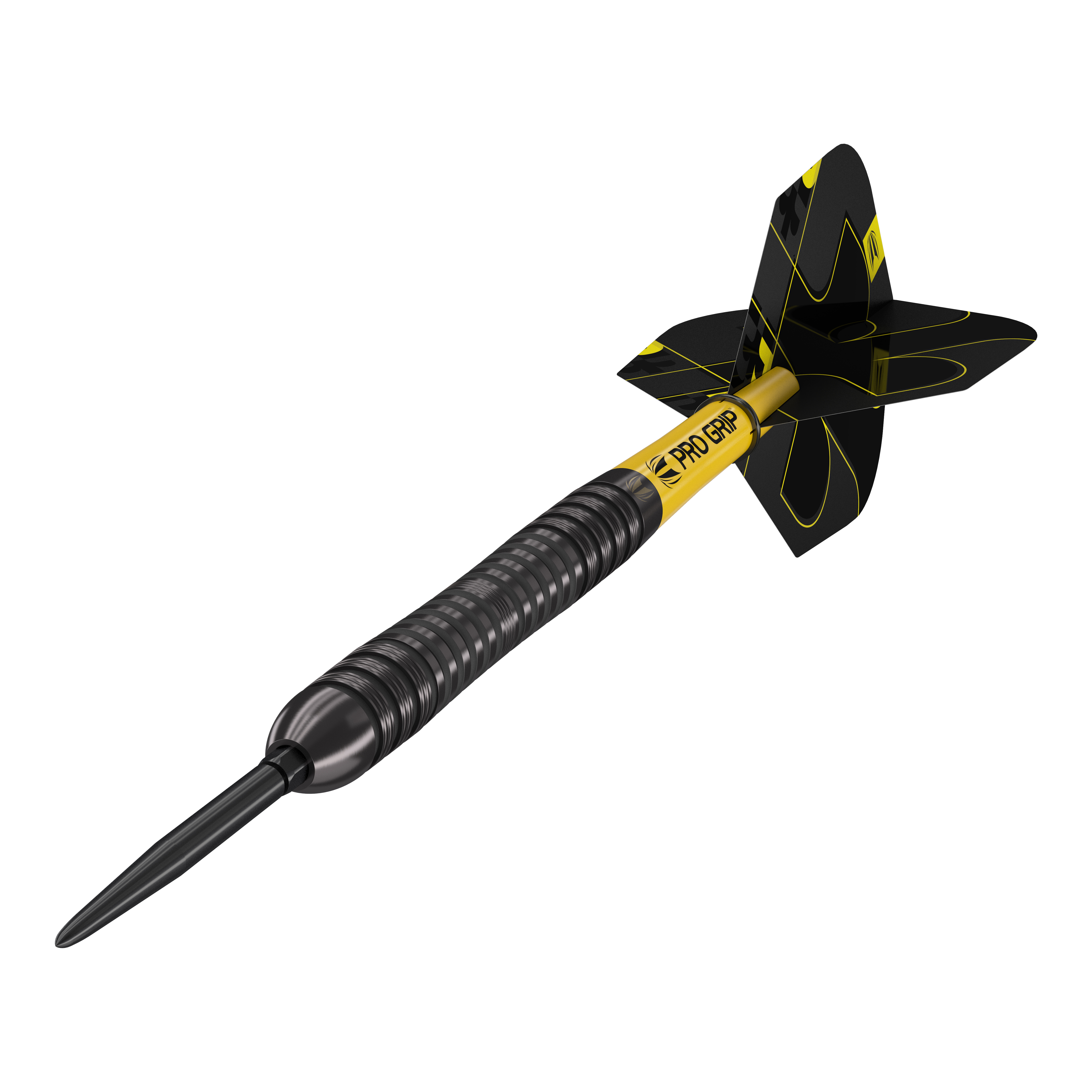 Target Bolide Void 04 Swiss Point steel darts Das Bild zeigt einen Target Bolide Void 04 Swiss Point Steeldart. Der Dart ist schwarz-gelb und hat eine strukturierte Griffzone sowie schwarze Flights mit gelben Linien.