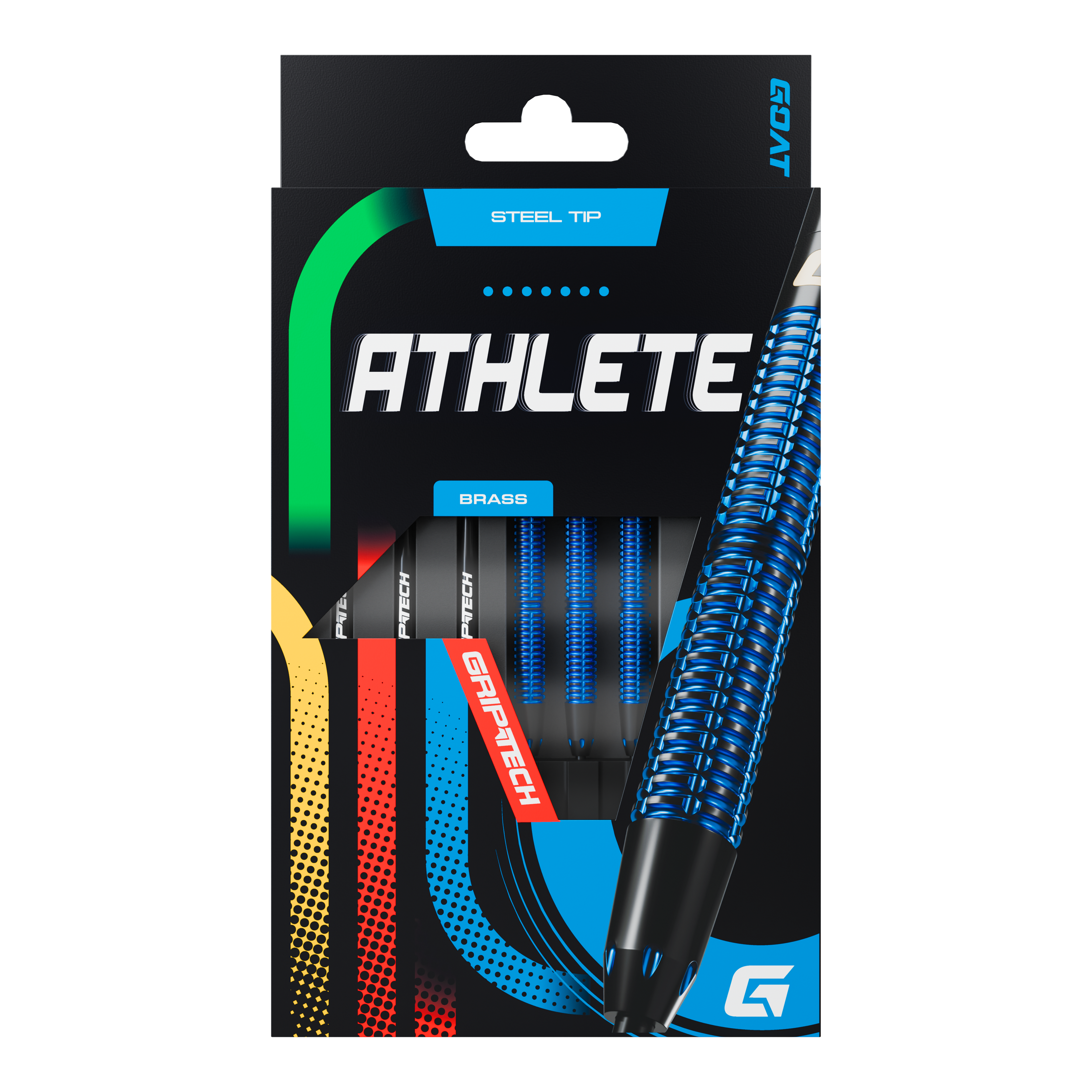 GOAT Athlete Blue Brass Steeldarts - 12g Die Abbildung zeigt die Verpackung der GOAT Athlete Blue Brass Steeldarts mit einem Gewicht von 12g. Auf der Verpackung sind blaue, strukturierte Darts sowie die Aufschrift "ATHLETE" und "GRIPTECH" zu sehen.