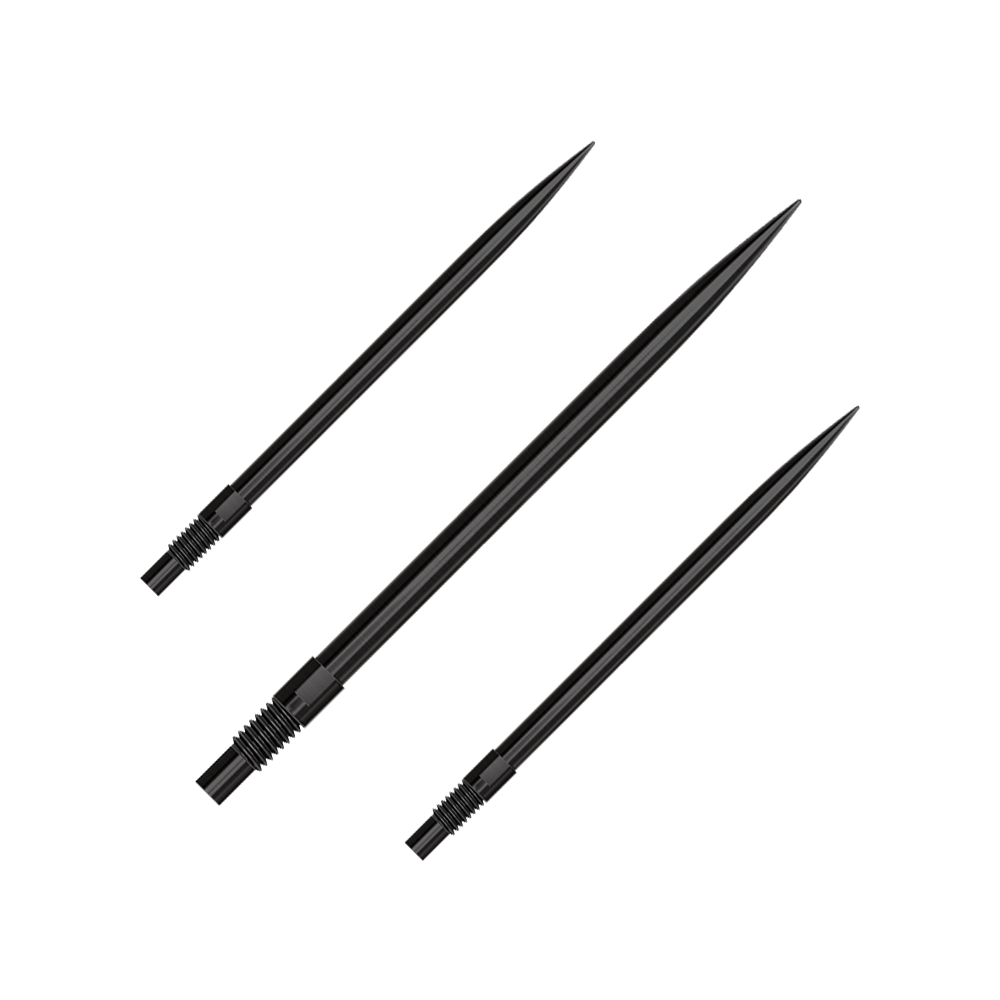 Ein Set aus schwarzen QuickPoint Dartspitzen mit 40 mm Länge. Die Dartspitzen liegen auf einer neutralen Oberfläche.