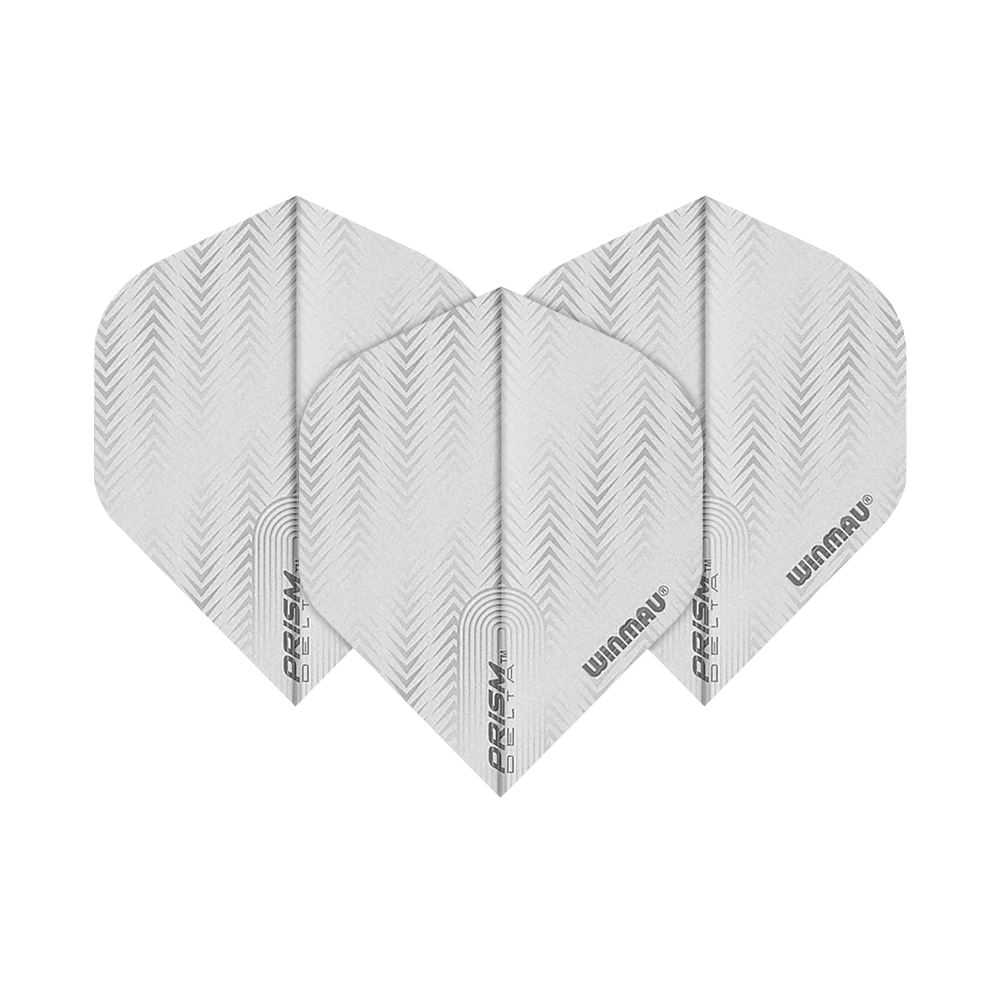 6915-204_Winmau_Prism_Delta_6915-204_Standard_Flights_1qCFmkKbQ4lgqU Das Bild zeigt drei weiße Dart-Flights des Modells "Winmau Prism Delta 6915.204 Standard". Auf jedem Flight sind dezente Muster und die Schriftzüge "PRISM DELTA" und "WINMAU" zu sehen.