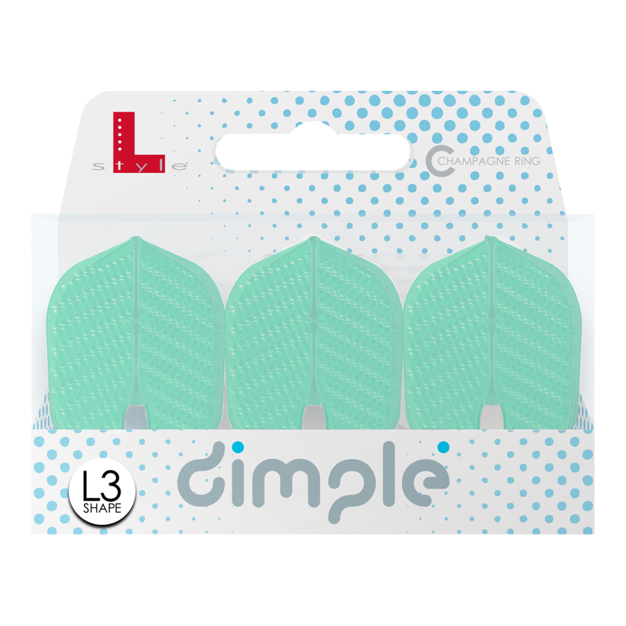 Auf dem Bild ist eine Verpackung mit drei mintgrünen Darts-Flights der Marke "L-Style" zu sehen. Das Modell heißt "Dimple Champagne L3PRO Shape" und ist vorne mit blauen Punkten verziert.