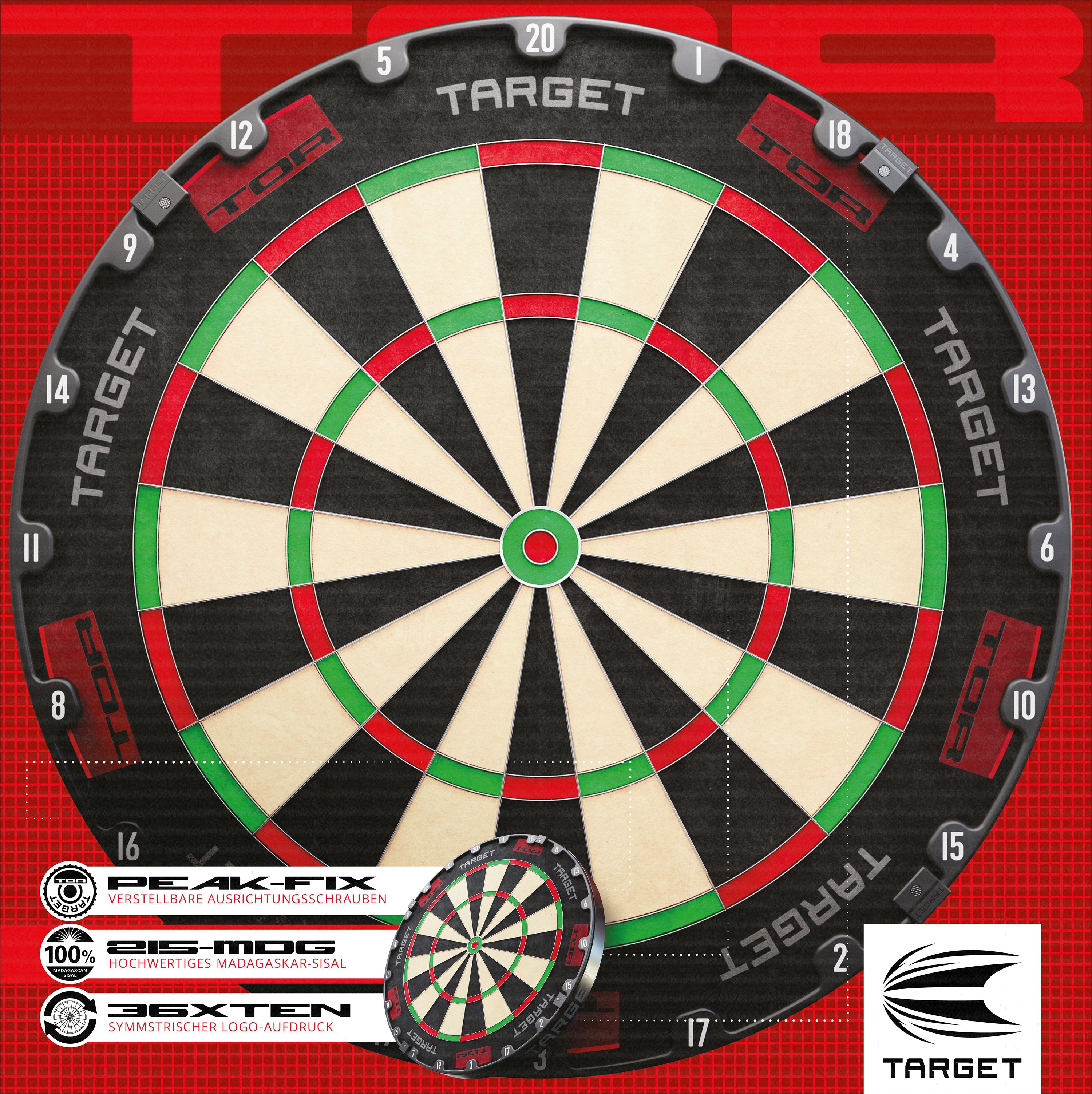 Target TOR Steel Dartboard Das Bild zeigt die Steeldart-Scheibe "Target TOR" mit klassischem Design in Schwarz, Weiß, Rot und Grün. Im Vordergrund sind Logos und spezielle Merkmale der Dartscheibe hervorgehoben.