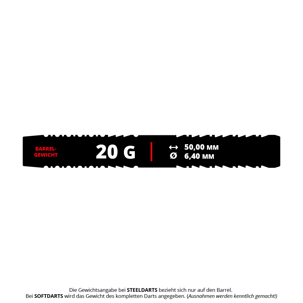 Target Japan Black Marque Draco GEN2 Soft Darts - 20g Das Bild zeigt die Produktinformationen der "Target Japan Black Marque Draco GEN2 Softdarts - 20g". Das Barrel-Gewicht beträgt 20 Gramm, die Länge 50,00 mm und der Durchmesser 6,40 mm.
