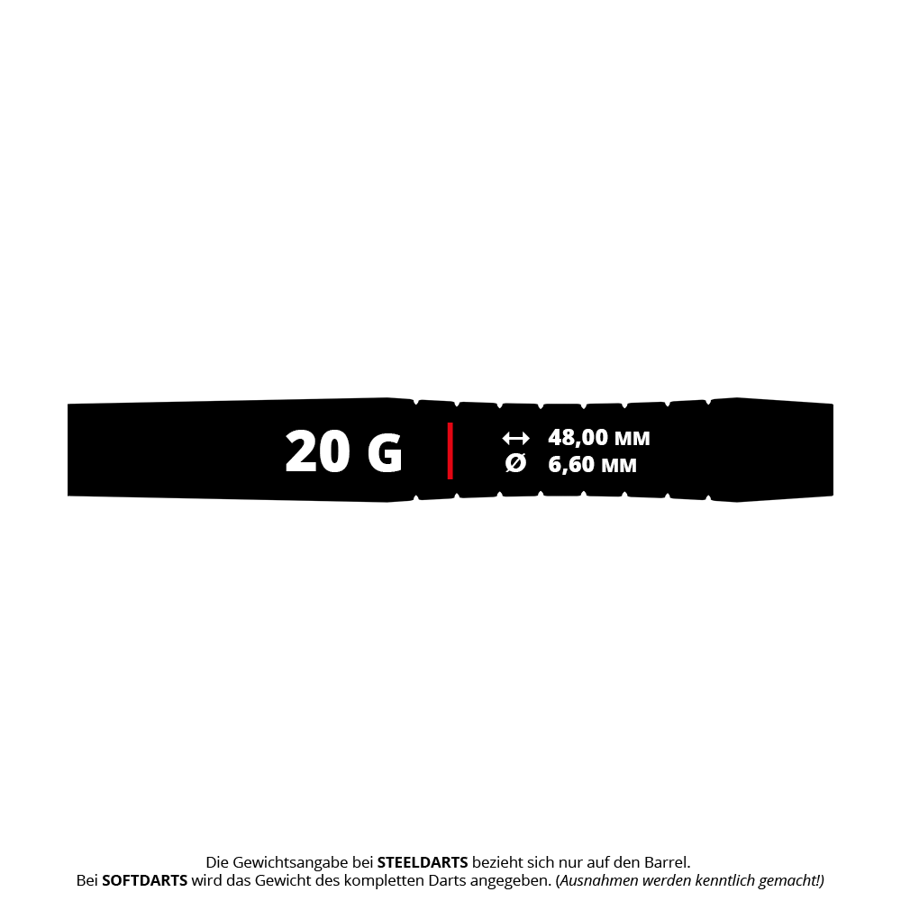 Mission Lava Softdarts - 20g Das Bild zeigt die Produktinformationen der Mission Lava Softdarts mit einem Gewicht von 20 Gramm. Die Darts sind 48,00 mm lang und haben einen Durchmesser von 6,60 mm.