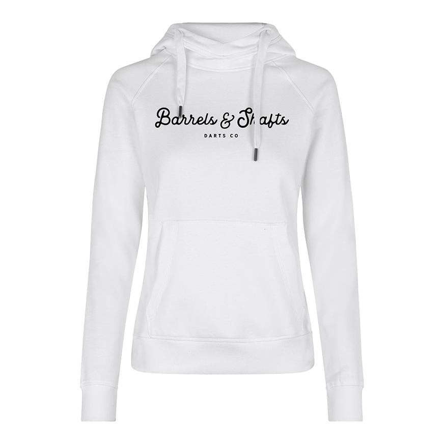 Barrels and Shafts Women's Hoodie - White Dies ist ein weißer Damen-Hoodie mit Kapuze und Kängurutasche. Auf der Vorderseite steht der Text "Barrels & Shafts Darts Co".
