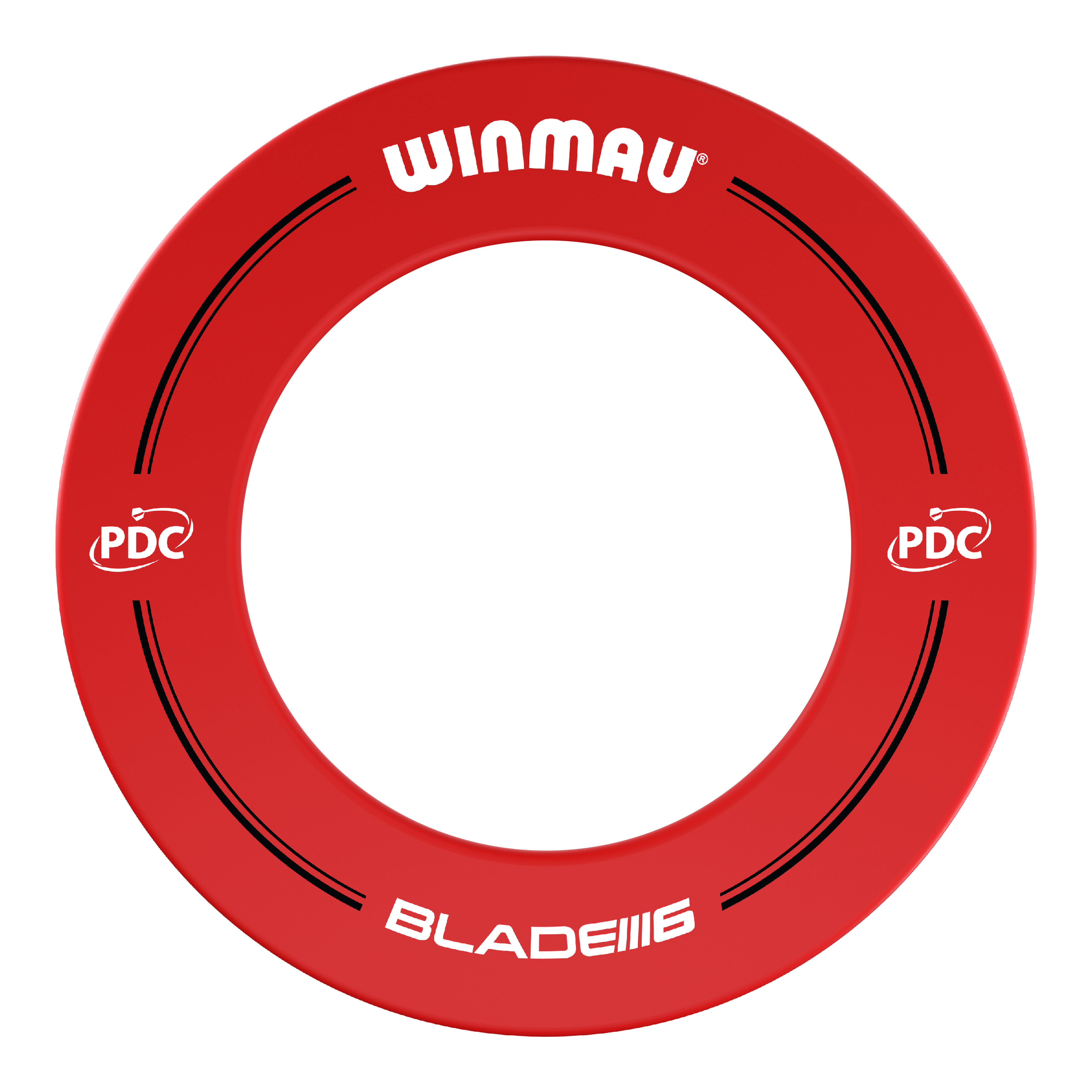 Winmau PDC Dartboard Surround - Red Das Bild zeigt einen roten Dartboard-Surround der Marke Winmau mit der Aufschrift "BLADE 6". Auf dem Ring sind außerdem PDC-Logos und schwarze Designelemente zu sehen.