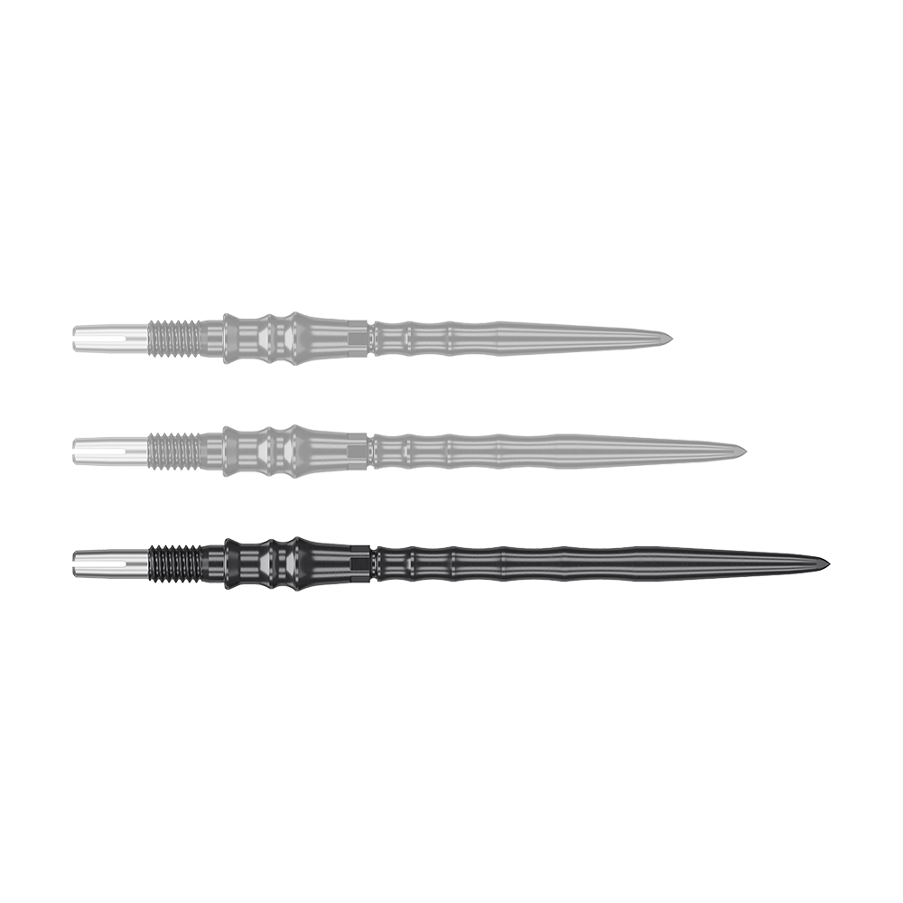 Zu sehen sind schwarze Steeldartspitzen, SwissPoint, 40 mm von Target Japan Premium. Die Einzelspitze ist im Detail abgebildet.