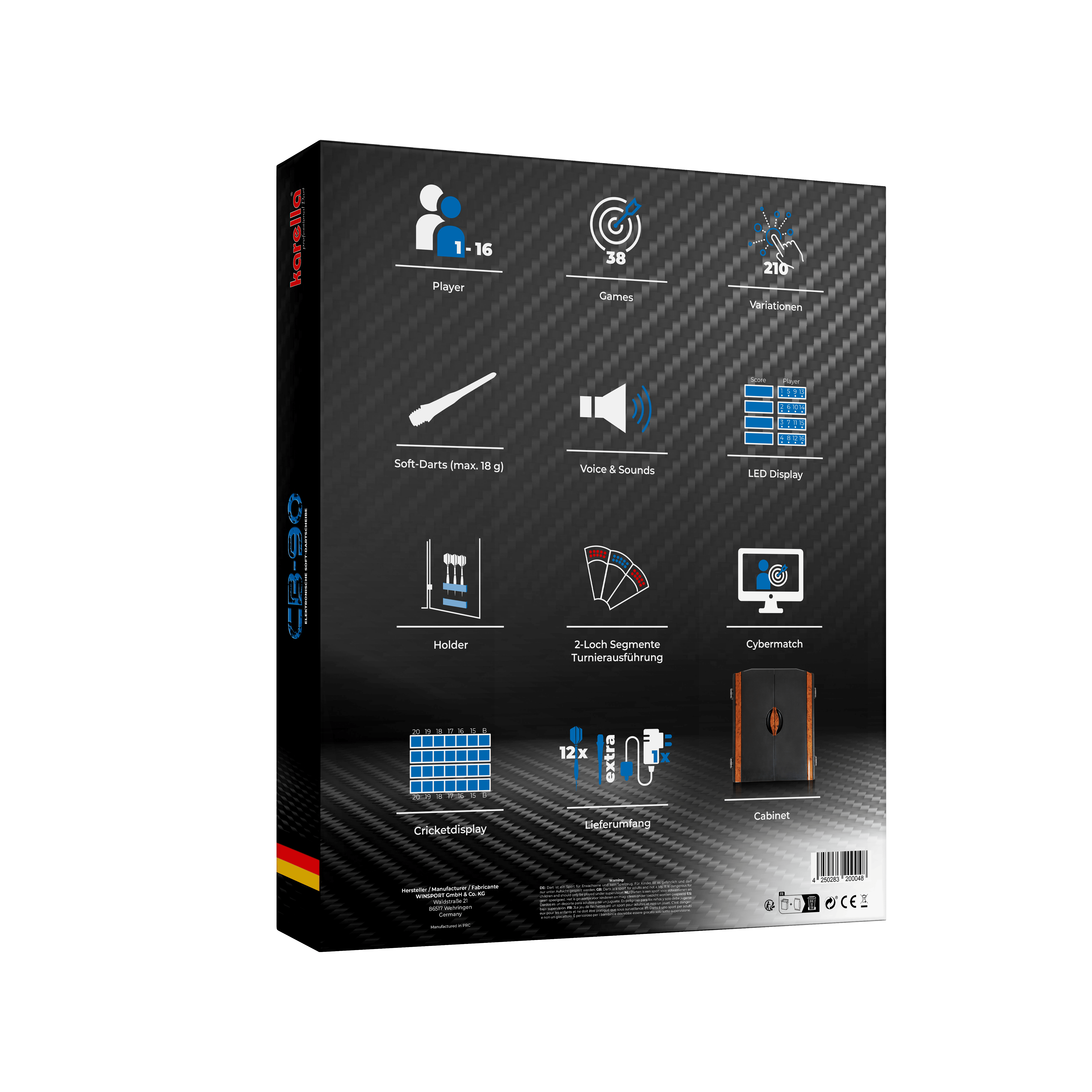 Electronic dartboard CB 90 tournament version Die Abbildung zeigt die Rückseite der Verpackung der elektronischen Dartscheibe CB 90 Turnierausführung mit Symbolen zu den wichtigsten Funktionen. Es werden verschiedene Merkmale wie Spieleranzahl, Spielmodi, LED-Display und Zubehör dargestellt.