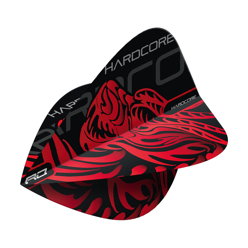 TF6500_Red_Dragon_Hardcore_Jonny_Clayton_Dragon_Kite_Flights_2 Dies ist ein Dartflight aus der Serie "Red Dragon Hardcore Jonny Clayton Dragon Kite Flights". Das Design ist schwarz mit einem auffälligen roten Drachenmotiv und dem Schriftzug "HARDCORE".