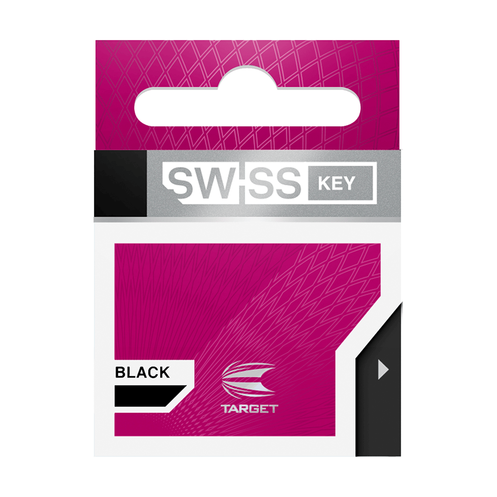 340007_Target_Swiss_Point_Key_Premium_3 Das Bild zeigt die Verpackung des Produkts „Target Swiss Point Key Premium“ in der Farbe Schwarz. Die Verpackung ist überwiegend pink mit weißen und schwarzen Akzenten und dem Target-Logo.