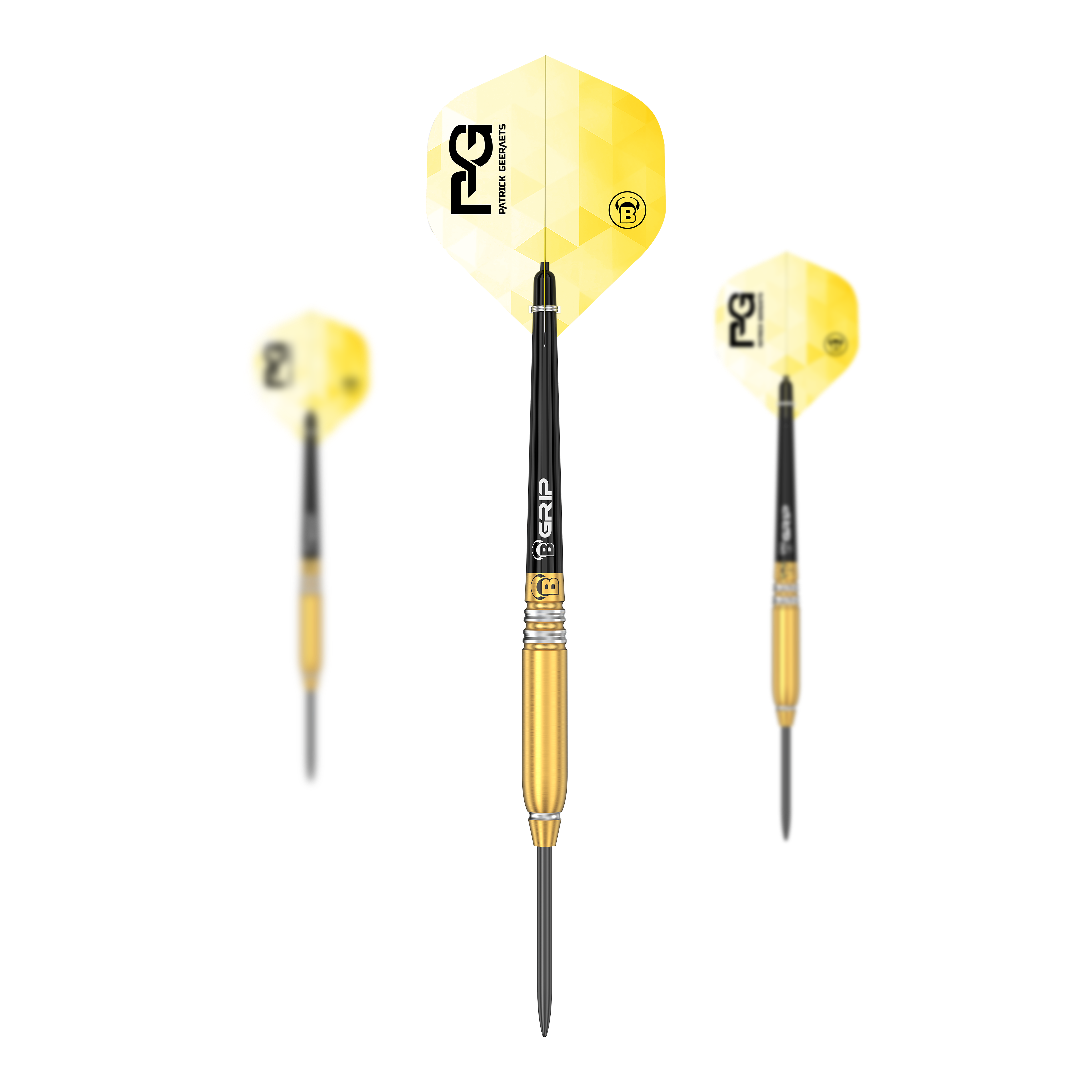 Bulls Patrick Geeraets Steeldarts - 23g Das Bild zeigt drei Steeldarts des Modells "Bulls Patrick Geeraets" mit einem Gewicht von 23 Gramm. Die Darts haben gelbe Flights und einen goldfarbenen Barrel.