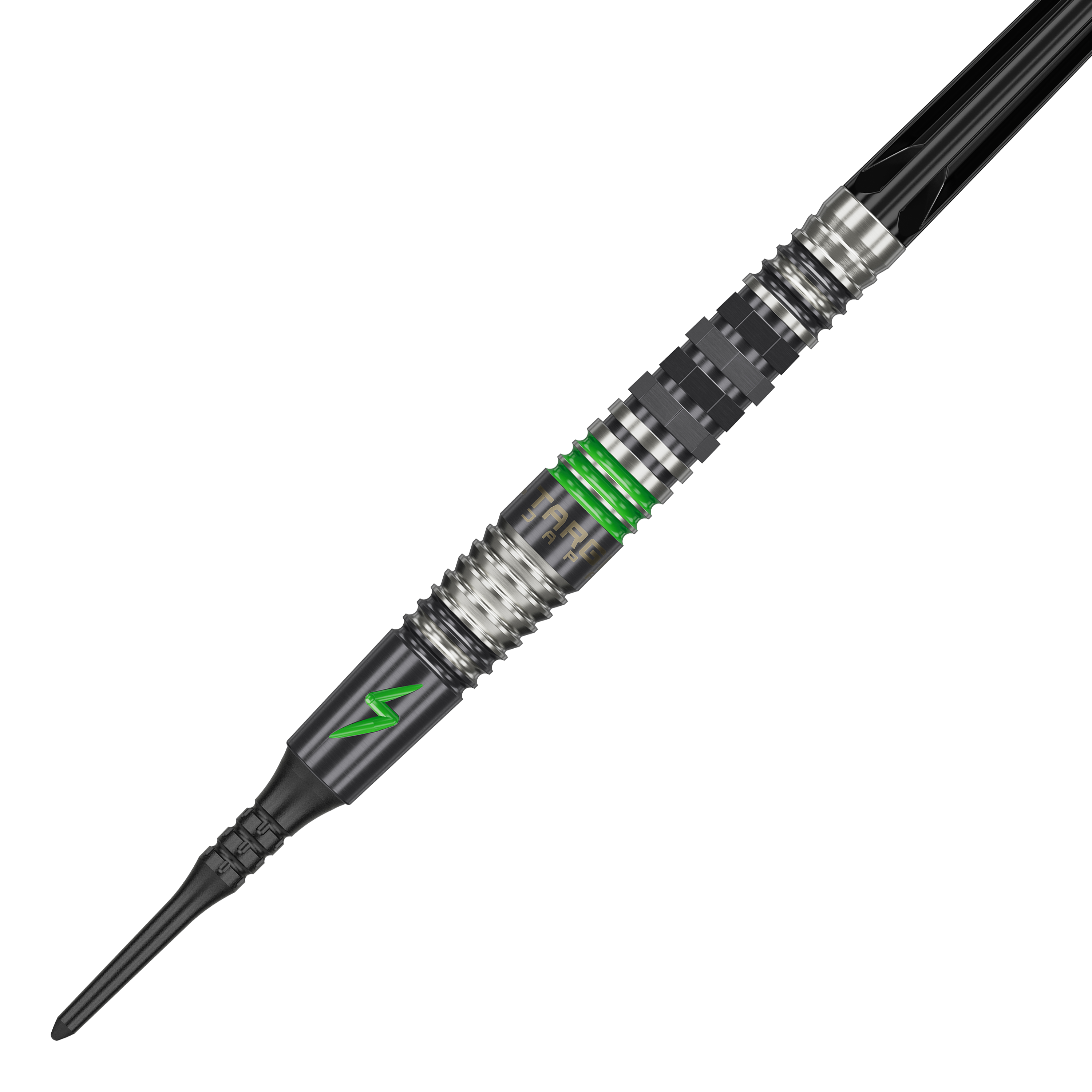 Target Japan Black Marque Lightning 3 Soft Darts - 19g Das Bild zeigt einen Softdart namens "Target Japan Black Marque Lightning 3" mit einem Gewicht von 19g. Der Dart ist schwarz-silber mit grünen Akzenten und einem Blitzsymbol verziert.
