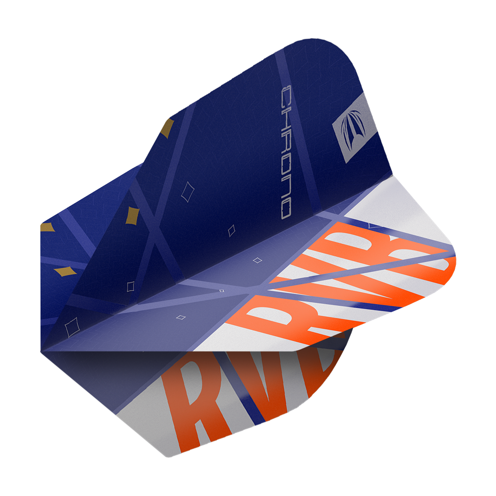 Das Bild zeigt ein Dartflight mit dem Design "Target Pro Ultra Raymond Van Barneveld Chrono No6". Das Flight ist überwiegend dunkelblau mit orangen und weißen Akzenten sowie der Aufschrift "RVB" und "Chrono".