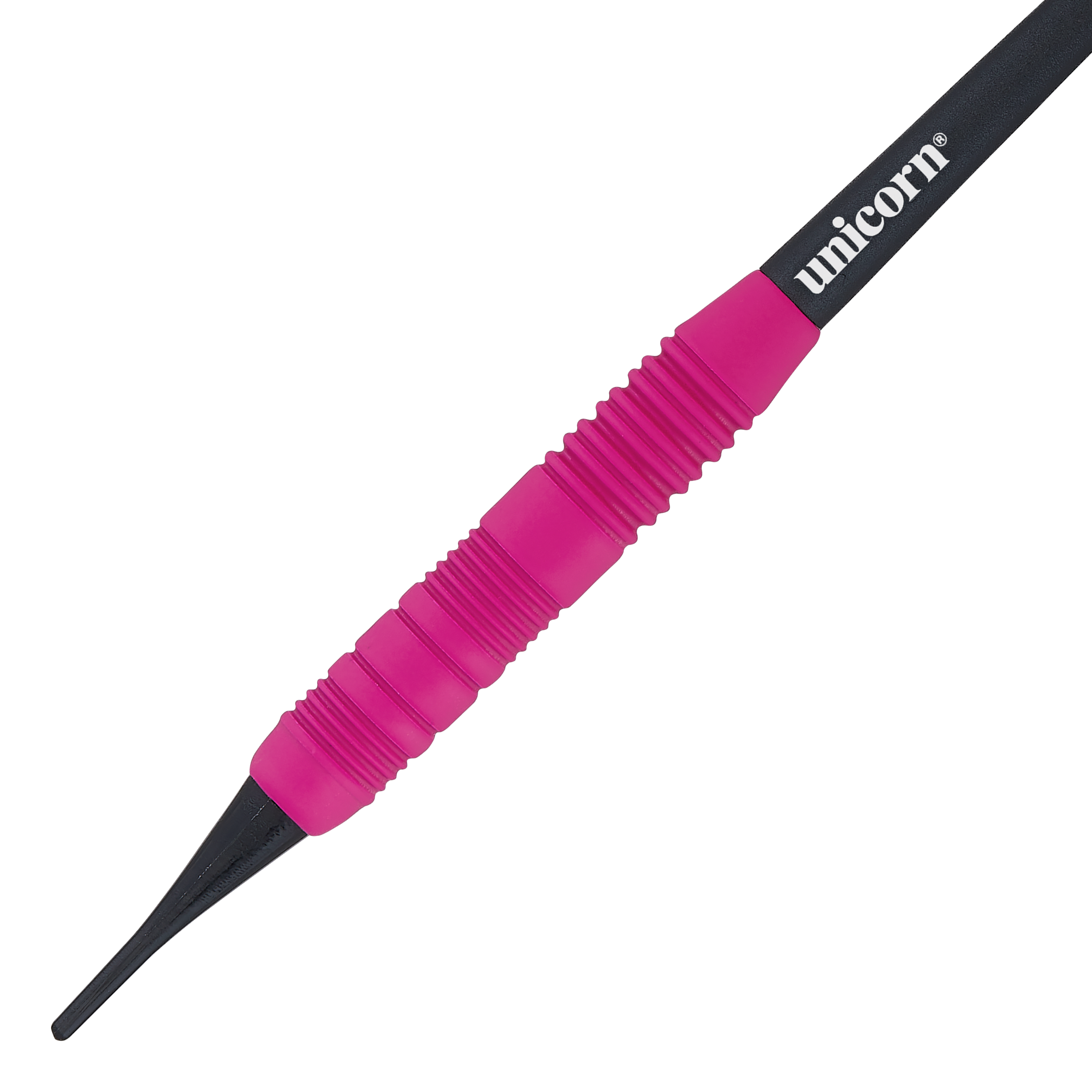 Das Bild zeigt einen Unicorn Core Plus Rubberised Pink Softdart mit einem Gewicht von 19g. Der Dart hat einen pinken, gummierten Griff und eine schwarze Spitze.