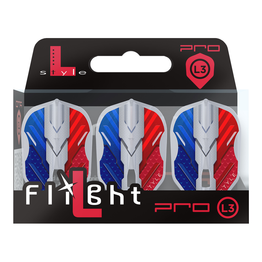 L-Style V-Series V1 Type B France Clear White L3PRO Flights Das Bild zeigt eine Verpackung mit drei Dartflights der Marke L-Style in den Farben Blau, Weiß und Rot. Auf der Verpackung steht "Flight L Pro L3", und die Flights haben ein modernes, kantiges Design.