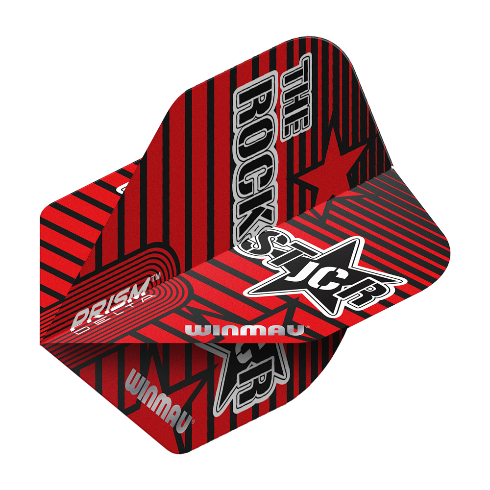 6915-227_Winmau_Prism_Delta_Joe_Cullen_Rockstar_Standard_Flights_2DSstqQlGAg6yP Das Bild zeigt die Winmau Prism Delta Joe Cullen Rockstar Standard Flights. Die Flights sind rot-schwarz mit auffälligen Grafiken und der Aufschrift "THE ROCKSTAR".