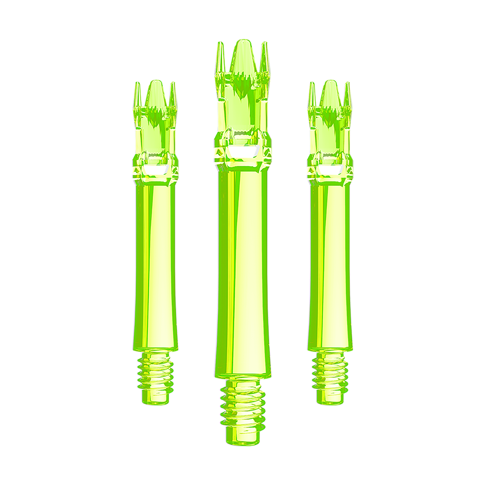 Hier ist ein Set neongelber Ersatzshafts abgebildet. Mehrere Shafts sind nebeneinander aufgereiht.