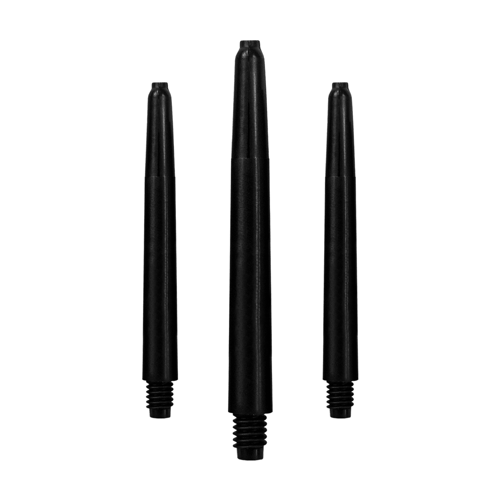 568_Nylon_Shafts_Schwarz_48mm_1 Das Bild zeigt drei schwarze Nylon-Schäfte für Dartpfeile. Sie sind in einer Reihe aufrecht angeordnet.