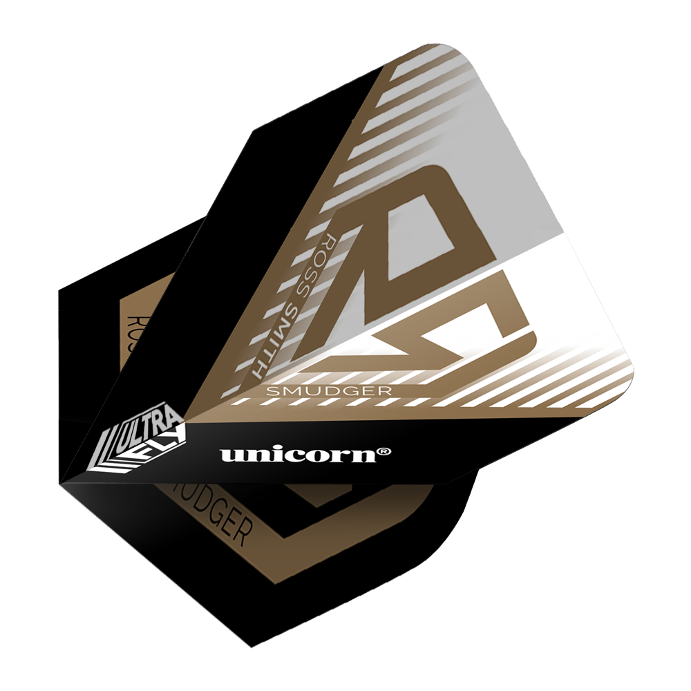 Unicorn Ultrafly 100 Ross Smith Plus Flights Das Bild zeigt die Unicorn Ultrafly 100 Ross Smith Plus Flights mit einem modernen Design in Schwarz, Gold und Weiß. Auf der Flight-Oberfläche sind die Wörter "Ross Smith", "Unicorn" und "Smudger" zu sehen.