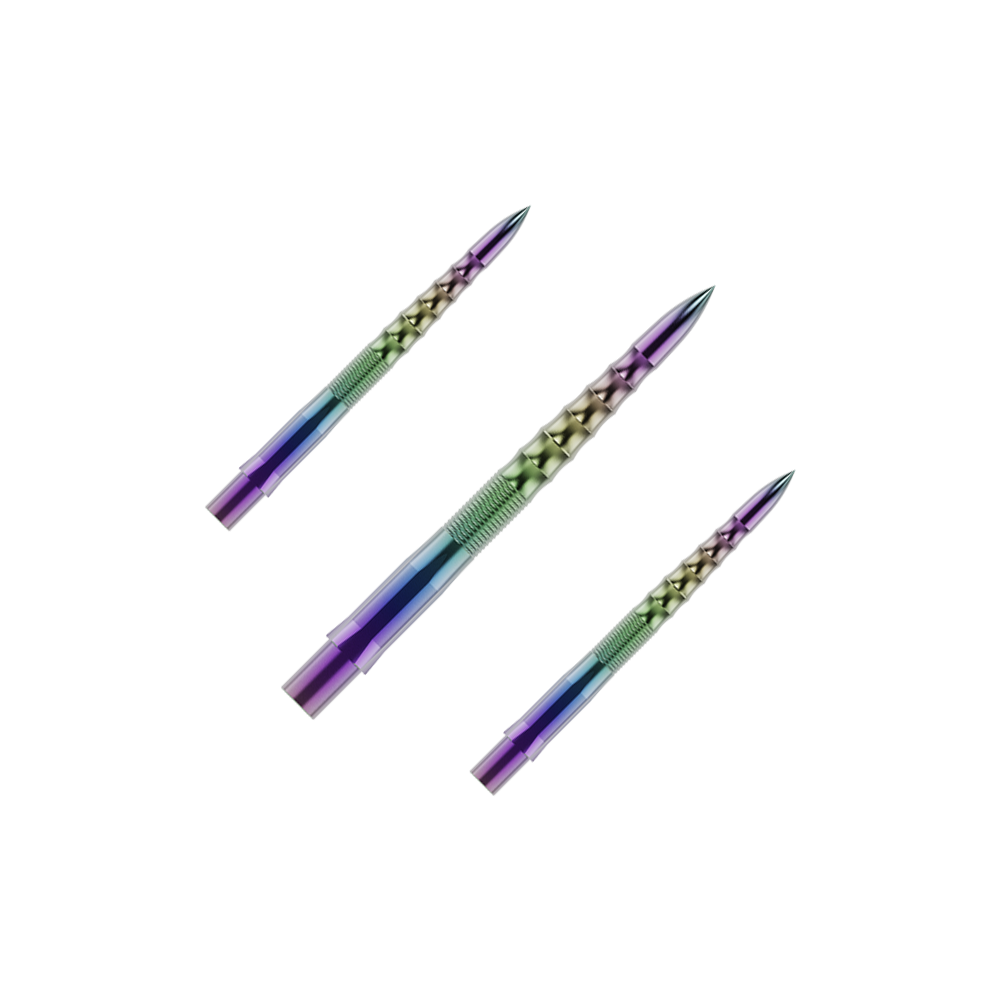 Mission Caliburn EVO dart tips - Ripple - Coral Auf dem Bild sind drei bunte Steeldartspitzen zu sehen. Sie haben ein metallisch glänzendes, geripptes Design in verschiedenen Farben.