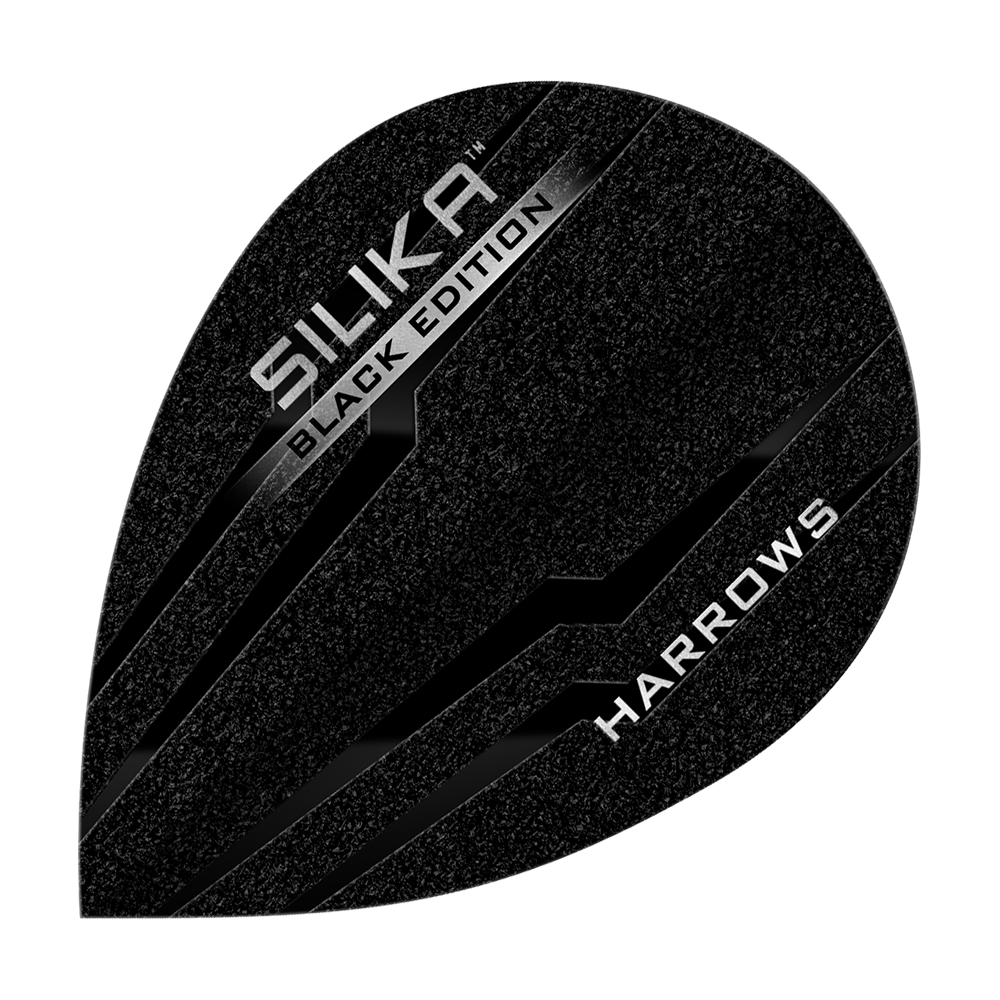 Harrow's Silica Black-Edition Pear Flights Dieses Bild zeigt das Produkt "Harrows Silika Black-Edition Pear Flights". Die Flights sind schwarz mit silbernen Akzenten und dem Text "SILIKA BLACK EDITION" sowie "HARROWS" darauf.