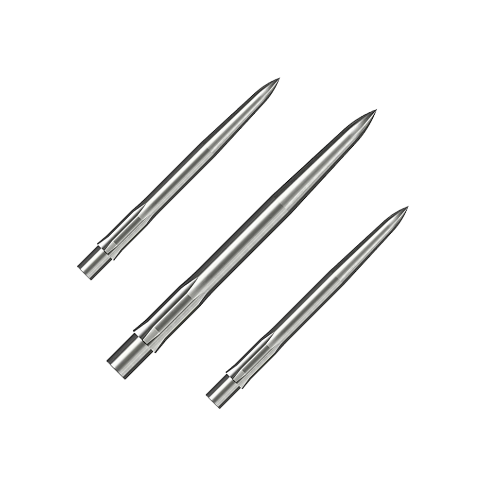 Caliburn System Steel Dart Tips - Smooth - Silver Das Bild zeigt drei silberne, glatte Steeldartspitzen. Sie liegen parallel nebeneinander auf weißem Hintergrund.