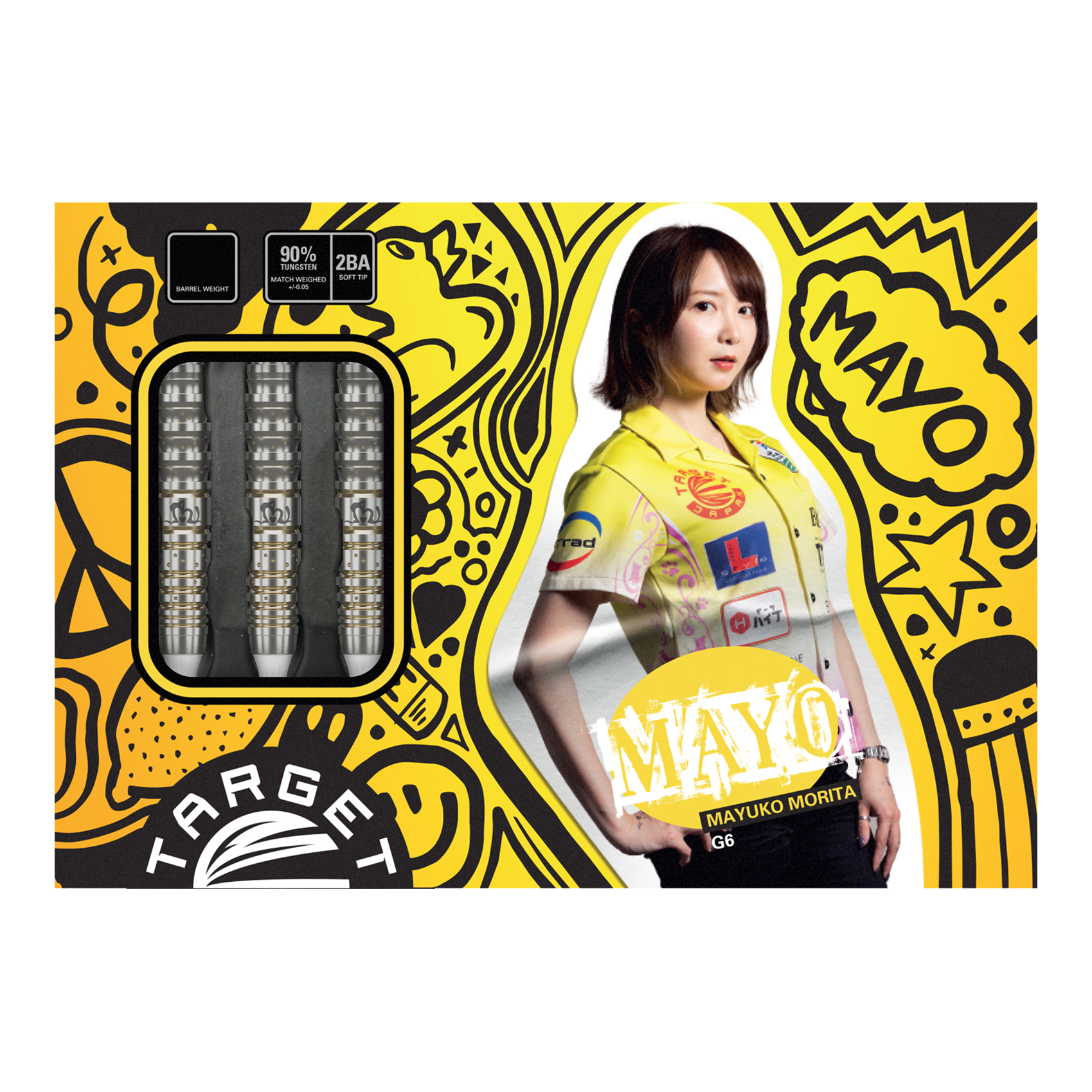 Target Japan Prime Series Mayujo Morita GEN6 Soft Darts - 18g Die Verpackung zeigt die "Target Japan Prime Series Mayuko Morita GEN6 Softdarts - 18g". Links sind die Darts zu sehen, rechts ist ein Bild von Mayuko Morita mit buntem Hintergrund.