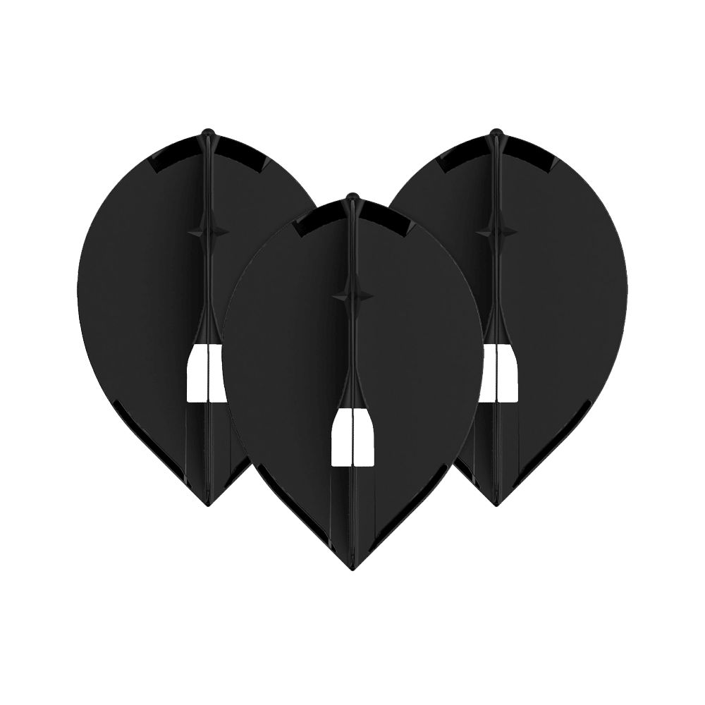 L-Style Champagne L2PRO Teardrop Flights - Black Das Bild zeigt drei schwarze L-Style Champagne L2PRO Teardrop Flights. Sie sind in einer gleichmäßigen Anordnung nebeneinander platziert.