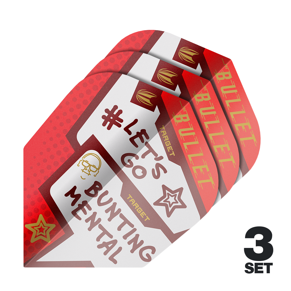 Target Pro Ultra Stephen Bunting Mental No6 Flights - 3 Sets Das Bild zeigt drei Sets der Target Pro Ultra Stephen Bunting Mental No6 Flights für Dartpfeile. Die Flights sind rot und weiß gestaltet und tragen die Aufschrift "#LET'S GO BUNTING MENTAL".
