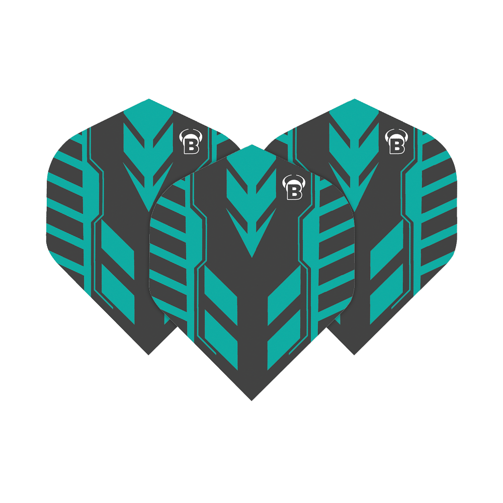 Bulls B-Star Veco No2 Standard Flights Das Bild zeigt drei schwarze Dartflights mit türkisfarbenem Pfeilmuster. Oben ist das weiße Bulls-Logo zu sehen.