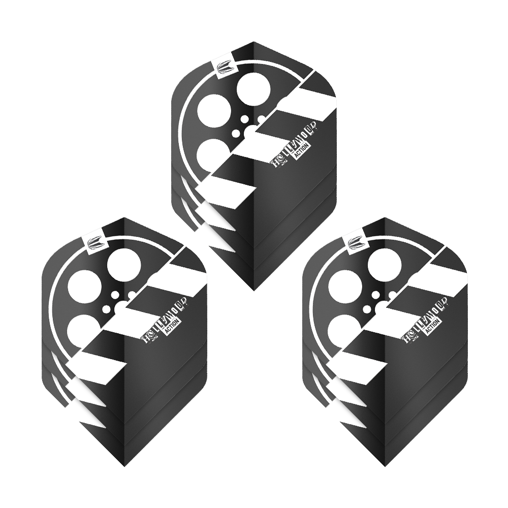 Das Bild zeigt drei Sets von Dart-Flights mit einem Filmklappen-Design in Schwarz und Weiß. Die Flights tragen den Namen "Target Pro Ultra Chris Dobey Hollywood Action No2 Standard Flights".